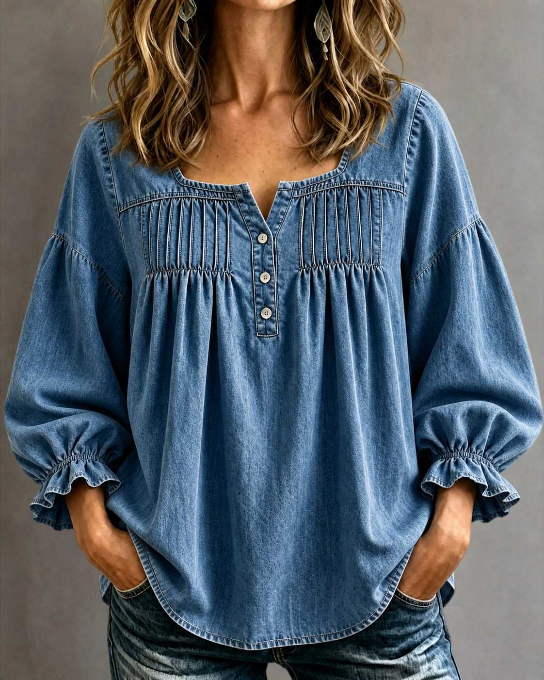 CLEARANCE🔥 Women's Denim Ruched Square Neck Three-Quarter Sleeve Top