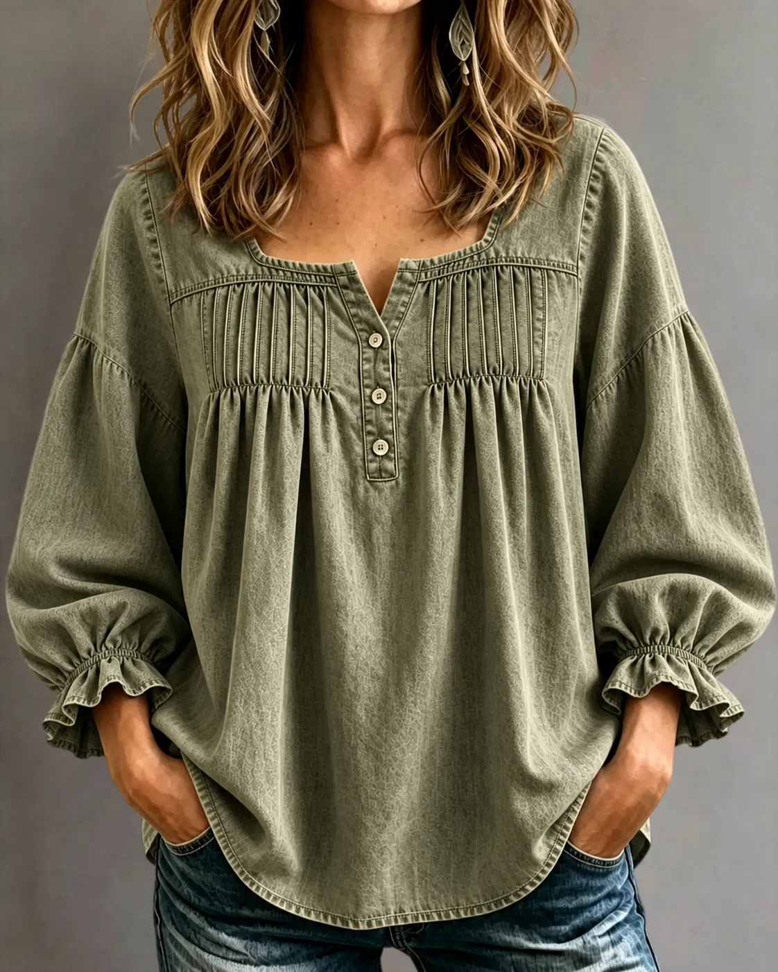 CLEARANCE🔥 Women's Denim Ruched Square Neck Three-Quarter Sleeve Top