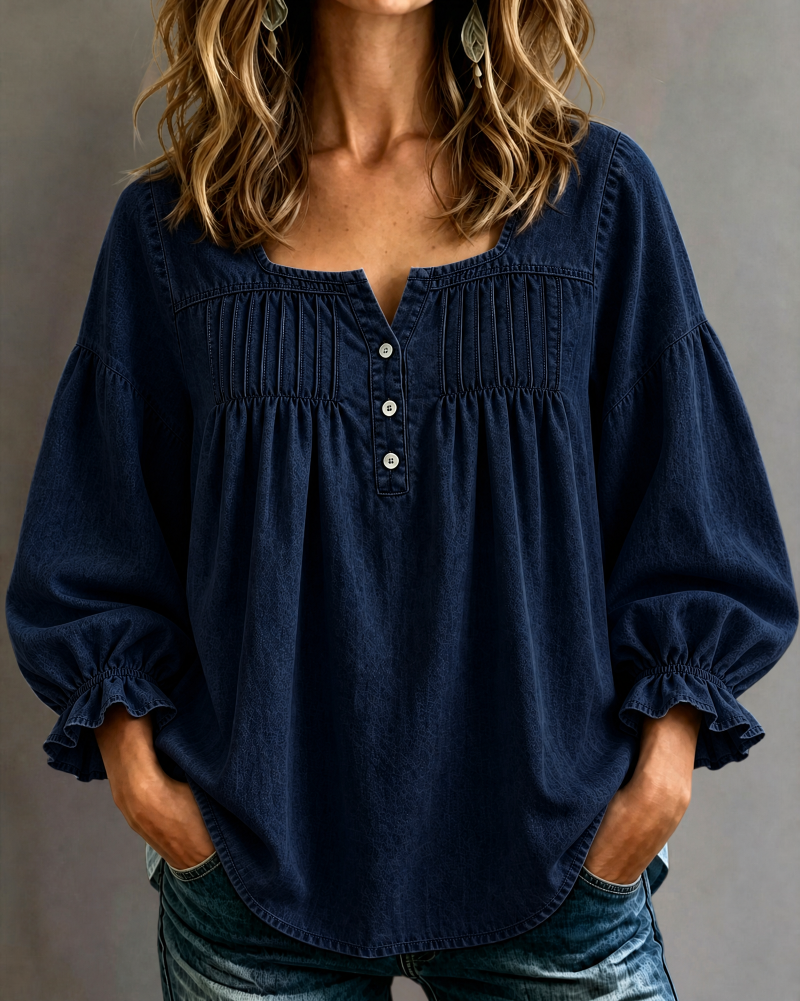 CLEARANCE🔥 Women's Denim Ruched Square Neck Three-Quarter Sleeve Top