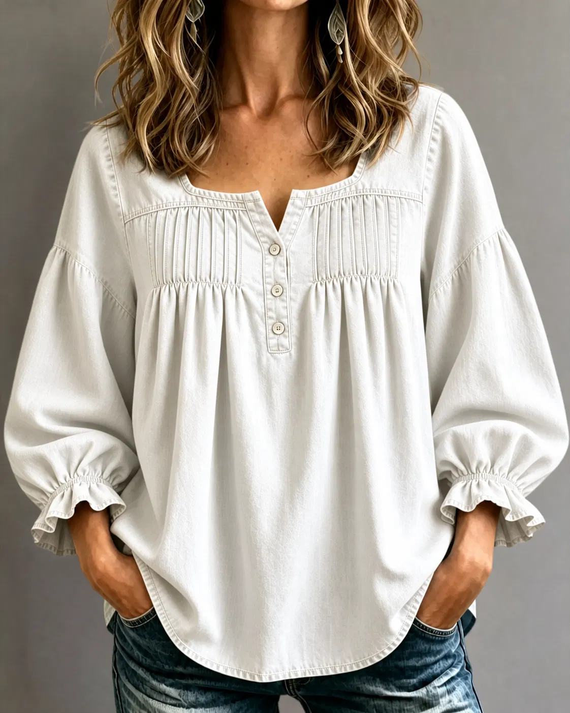 CLEARANCE🔥 Women's Denim Ruched Square Neck Three-Quarter Sleeve Top