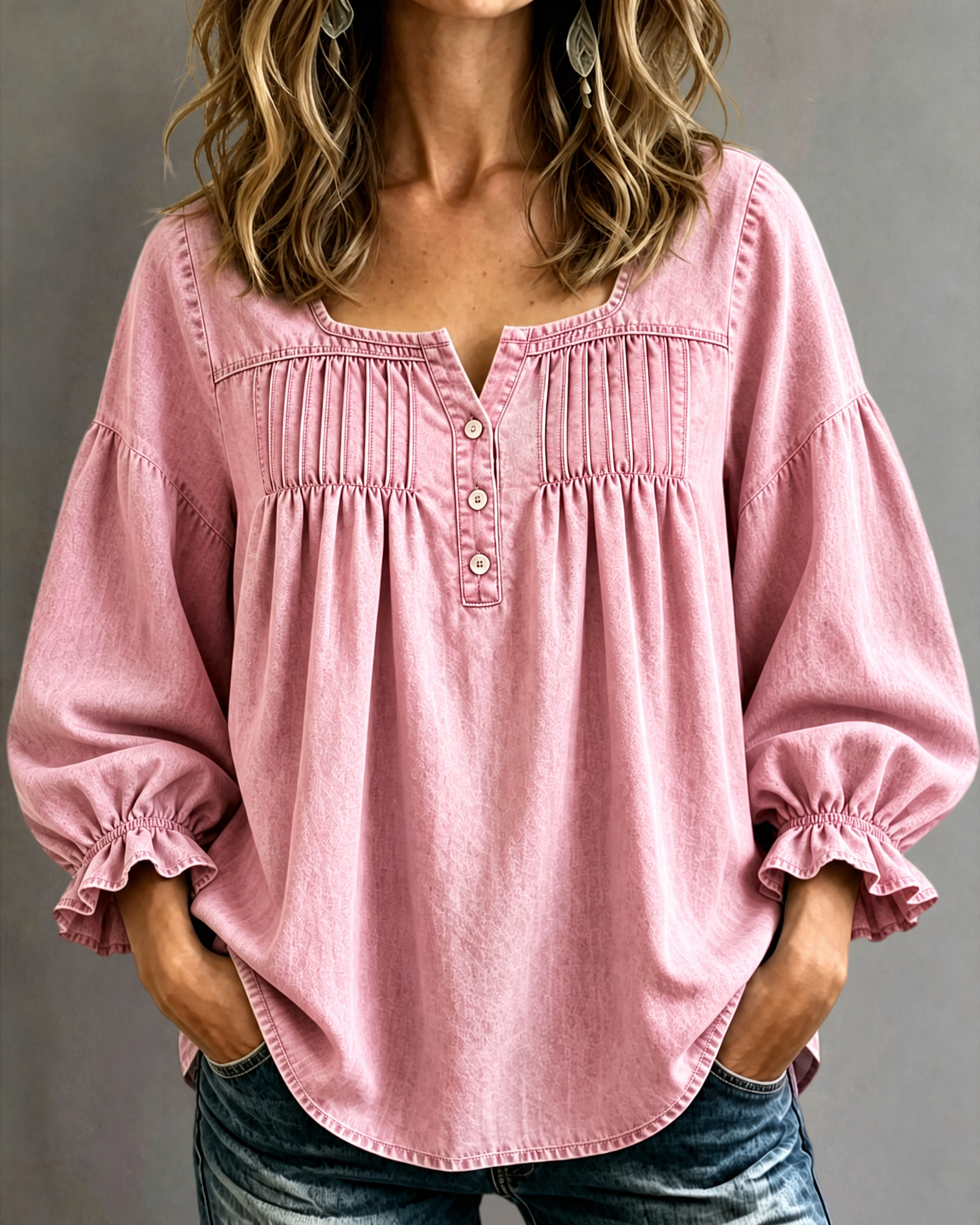 CLEARANCE🔥 Women's Denim Ruched Square Neck Three-Quarter Sleeve Top