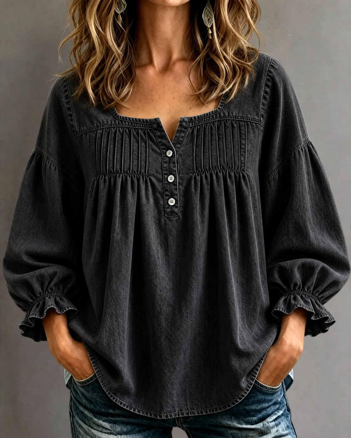 CLEARANCE🔥 Women's Denim Ruched Square Neck Three-Quarter Sleeve Top
