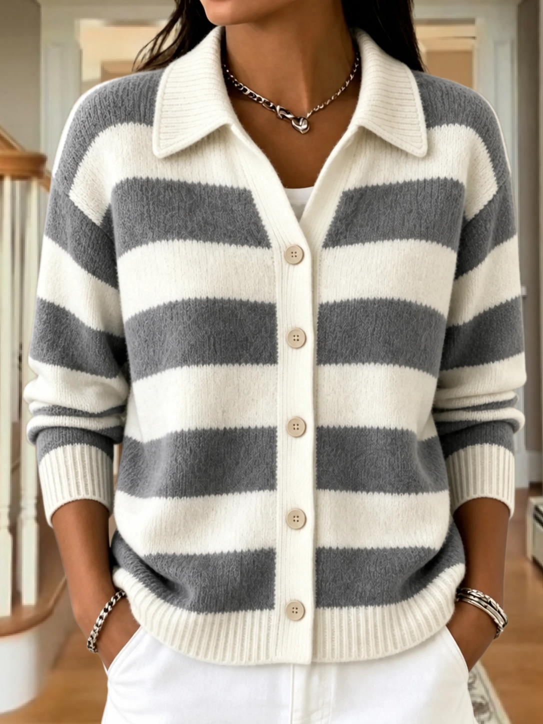 CLEARANCE SALE🔥Women's Striped Knit Cardigan With Collar