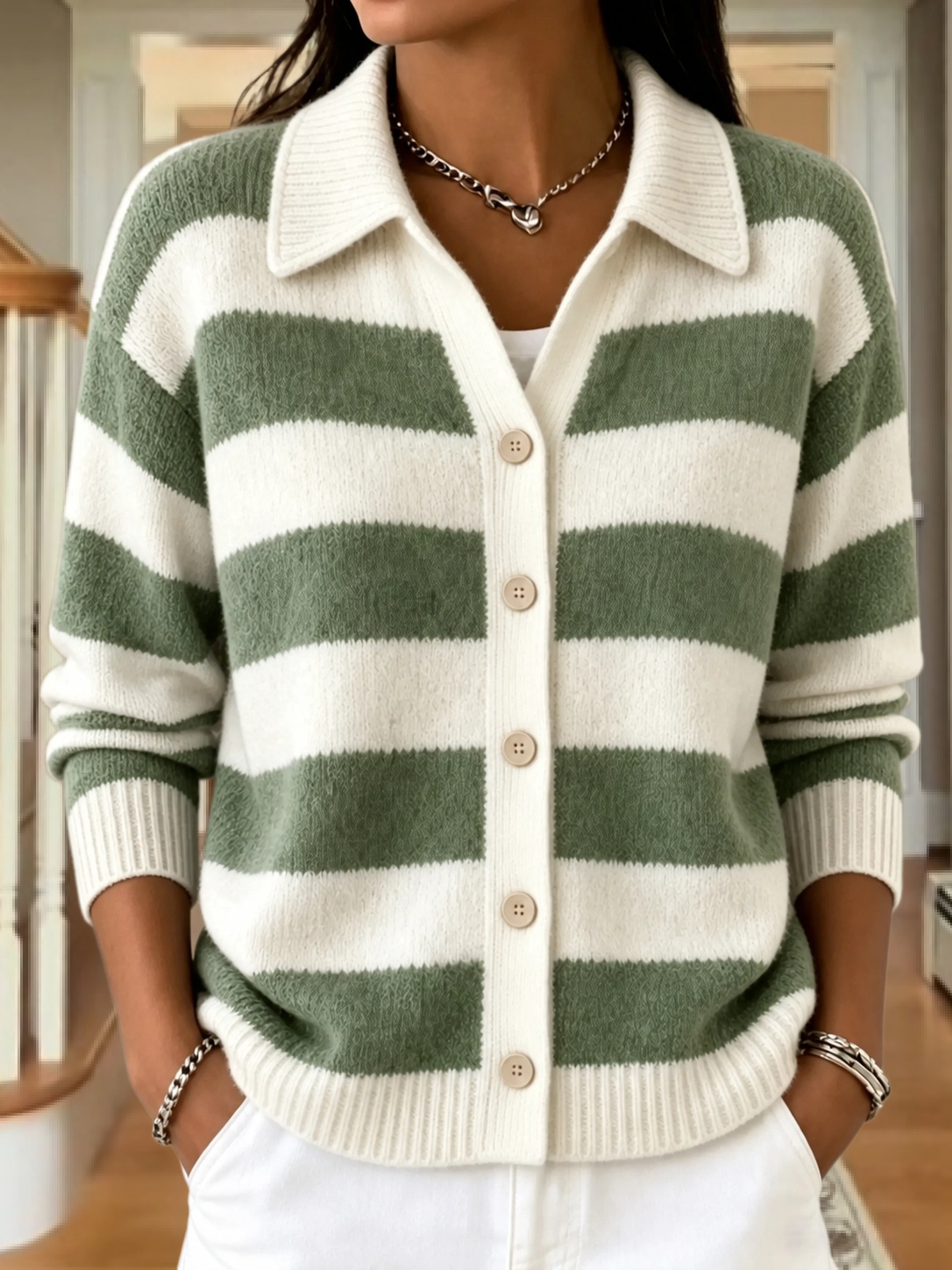 CLEARANCE SALE🔥Women's Striped Knit Cardigan With Collar