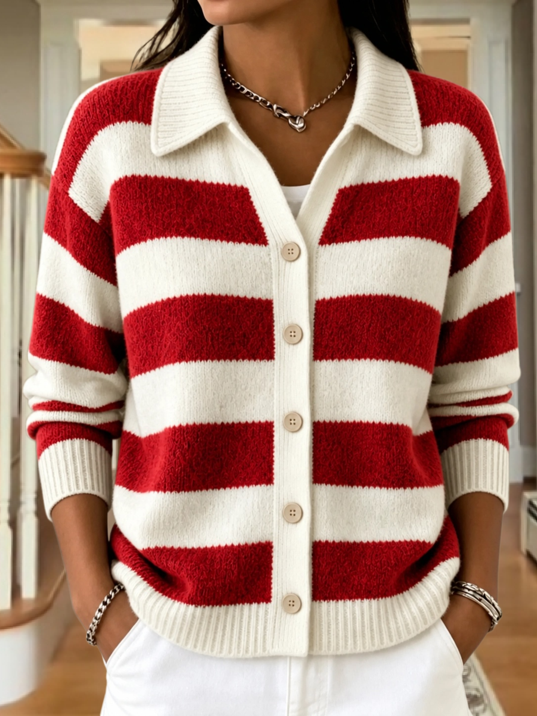 CLEARANCE SALE🔥Women's Striped Knit Cardigan With Collar