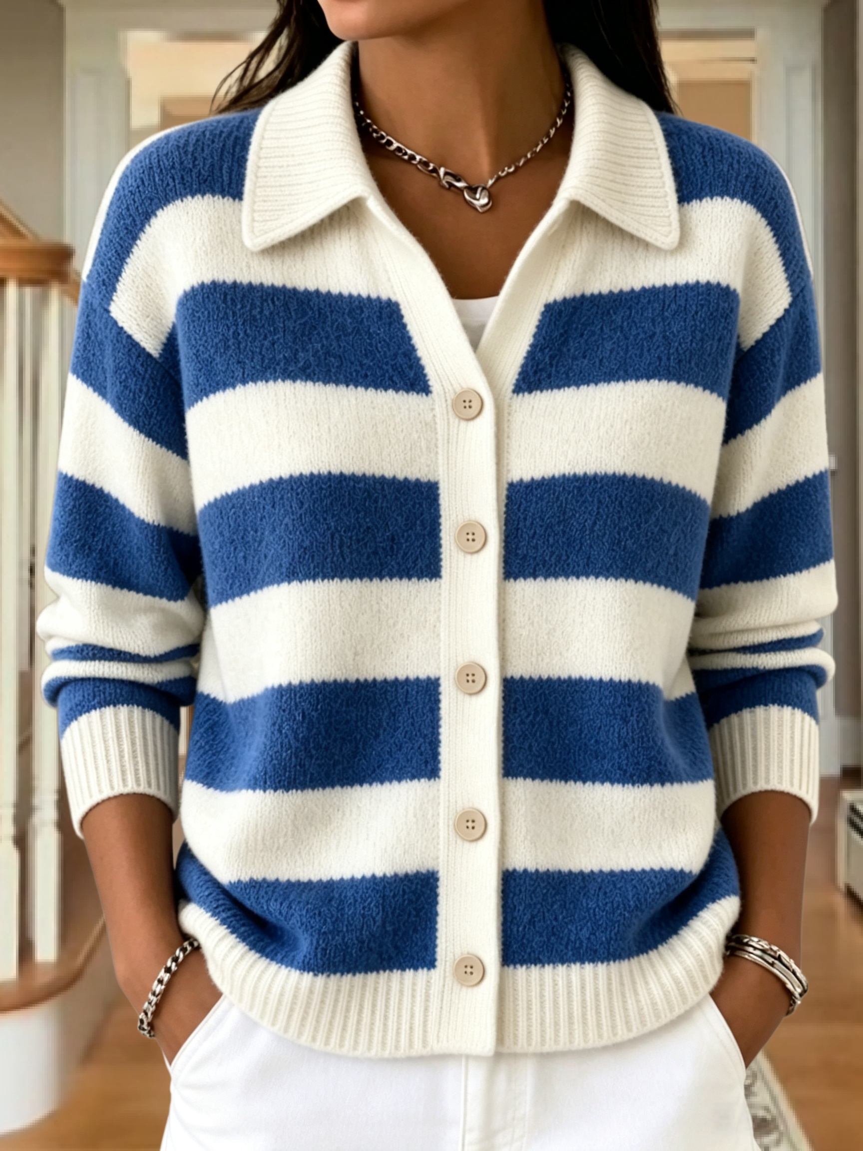 CLEARANCE SALE🔥Women's Striped Knit Cardigan With Collar