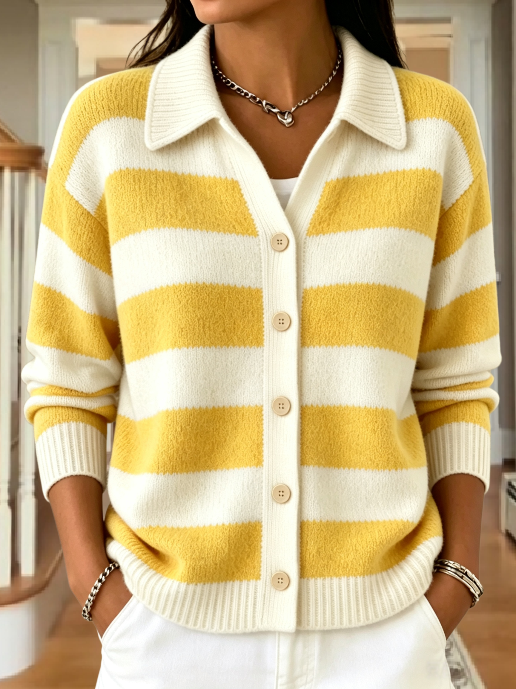 CLEARANCE SALE🔥Women's Striped Knit Cardigan With Collar