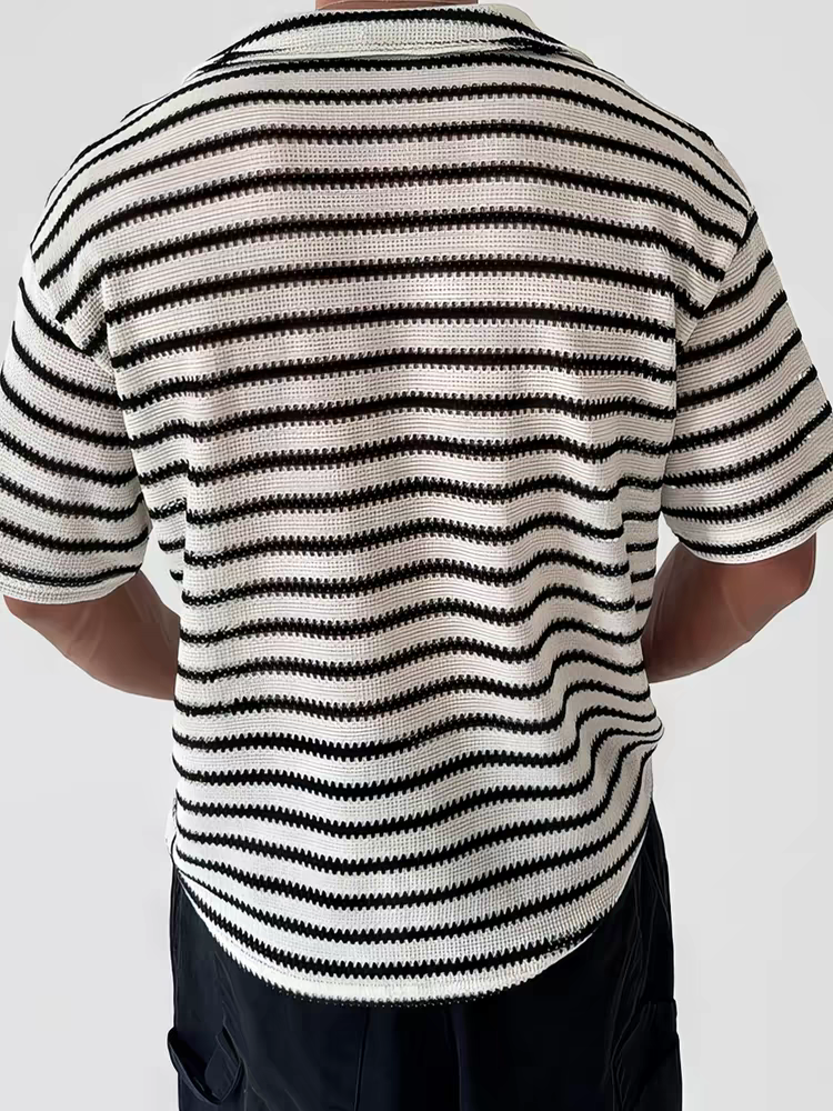 Men's Blue Striped Short-Sleeve Shirt, Summer Korean-style Thin Lapel Loose Knit Blouse, Casual Drapey Top