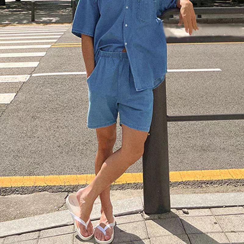 Men's Denim Polo Collar Shirt, Summer Thin Korean Trendy Four-quarter Shorts, Versatile Loose Vintage Washed Outerwear