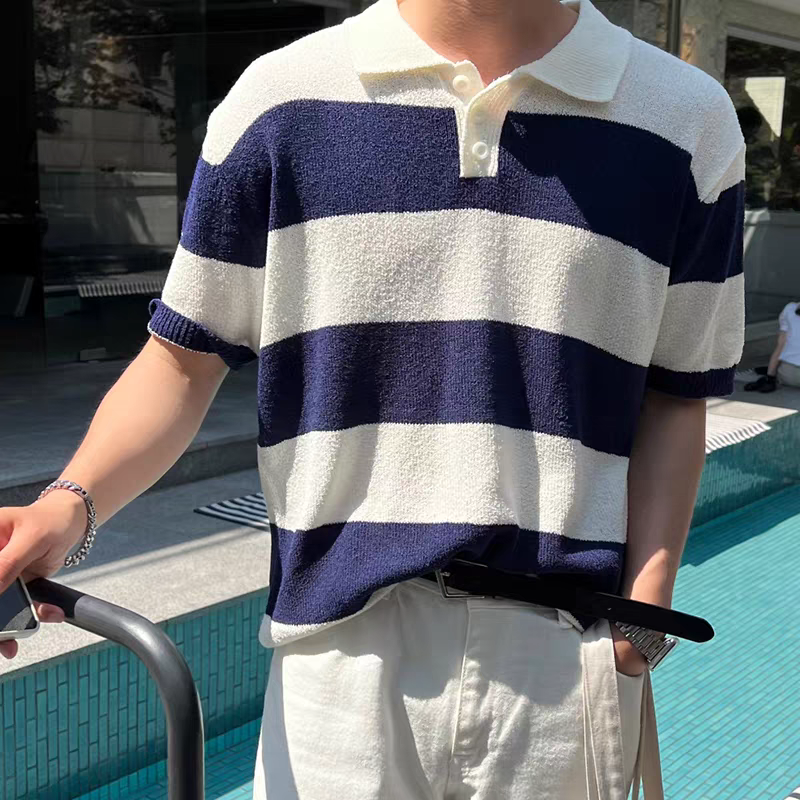 Men's Striped Polo Shirt, Summer Casual Trendy Brand Thin High-end Knit Short Sleeve Simple T-shirt Top