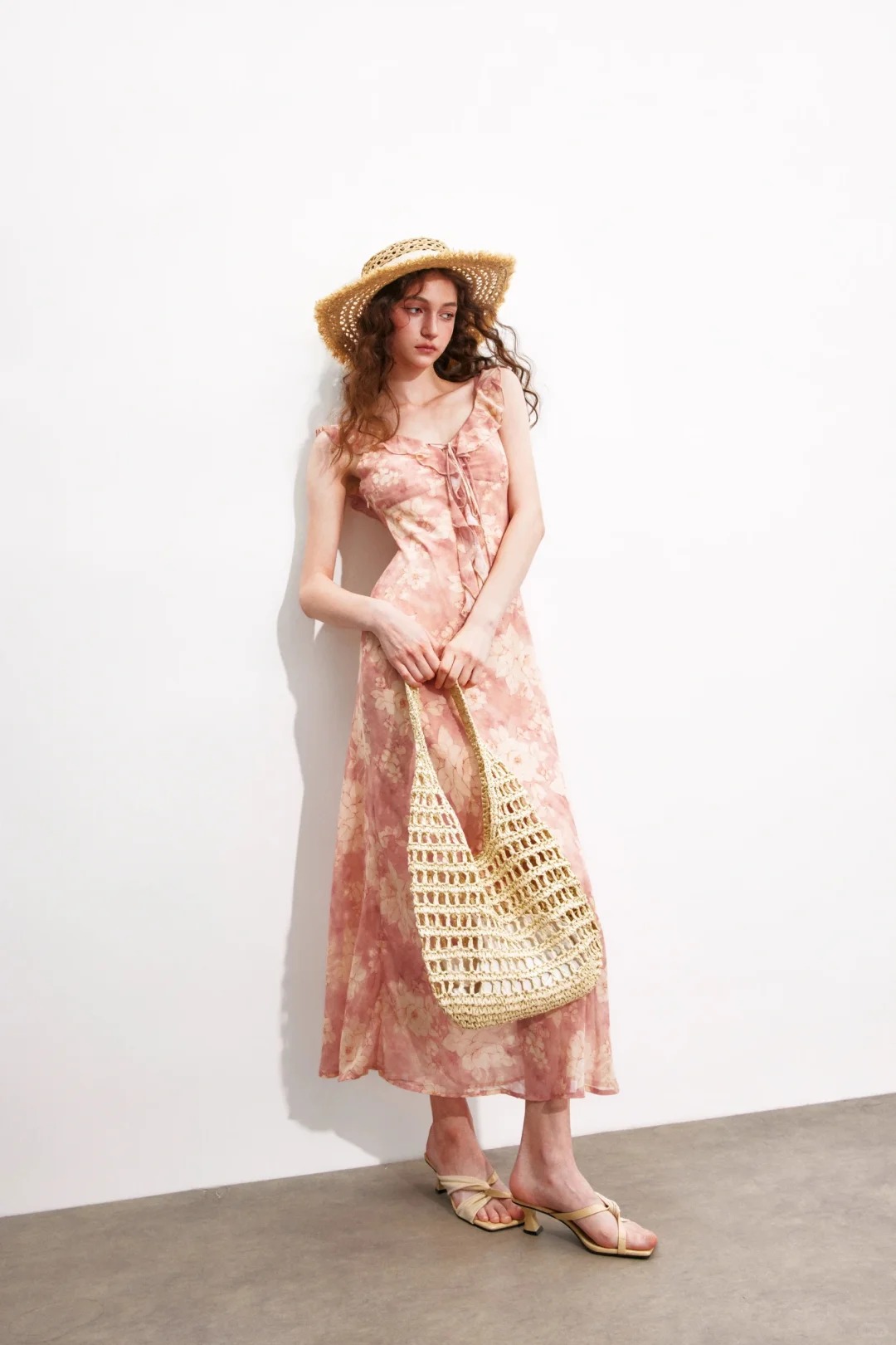 Soft pink floral print long slip dress