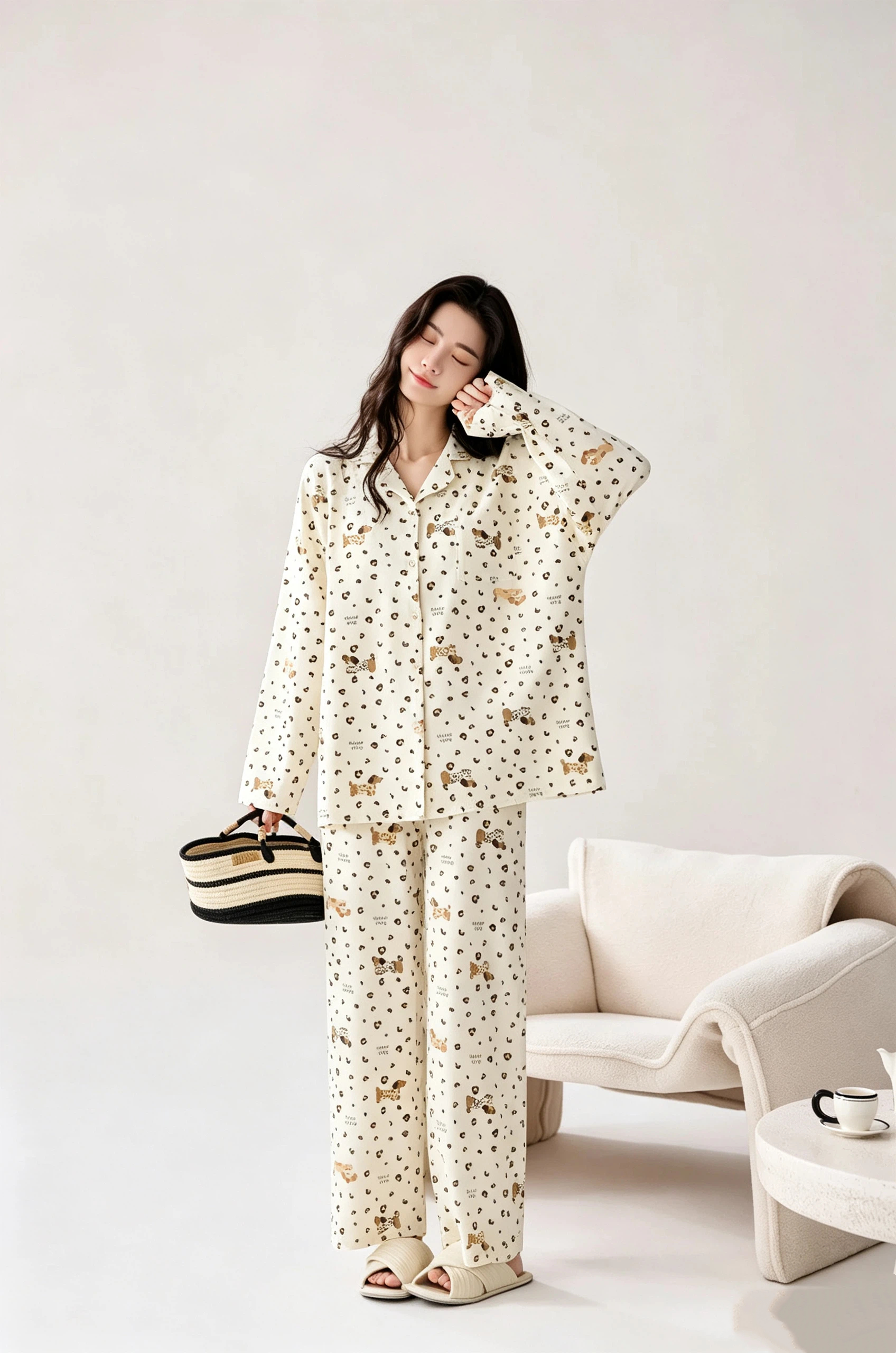 Cream-colored puppy print pajama set