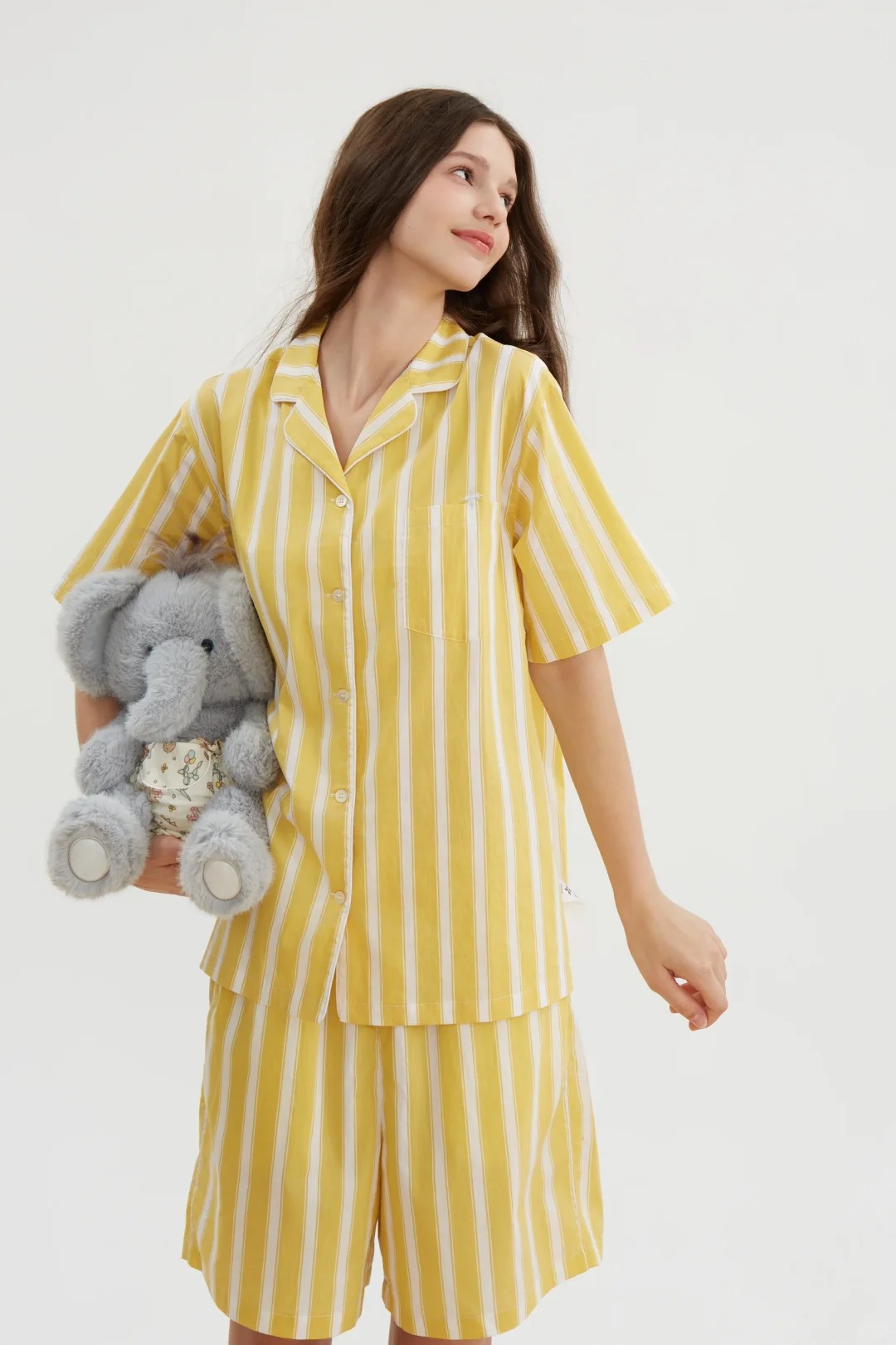 Yellow striped collared short-sleeved pajama set