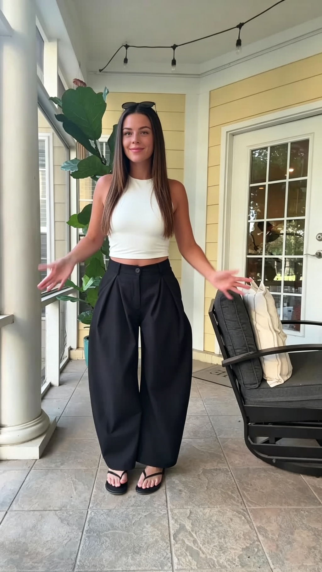 High Waist Barrel Leg Pants Two Piece Set with Ribbed Crop Tank Top - Black XS - View 1