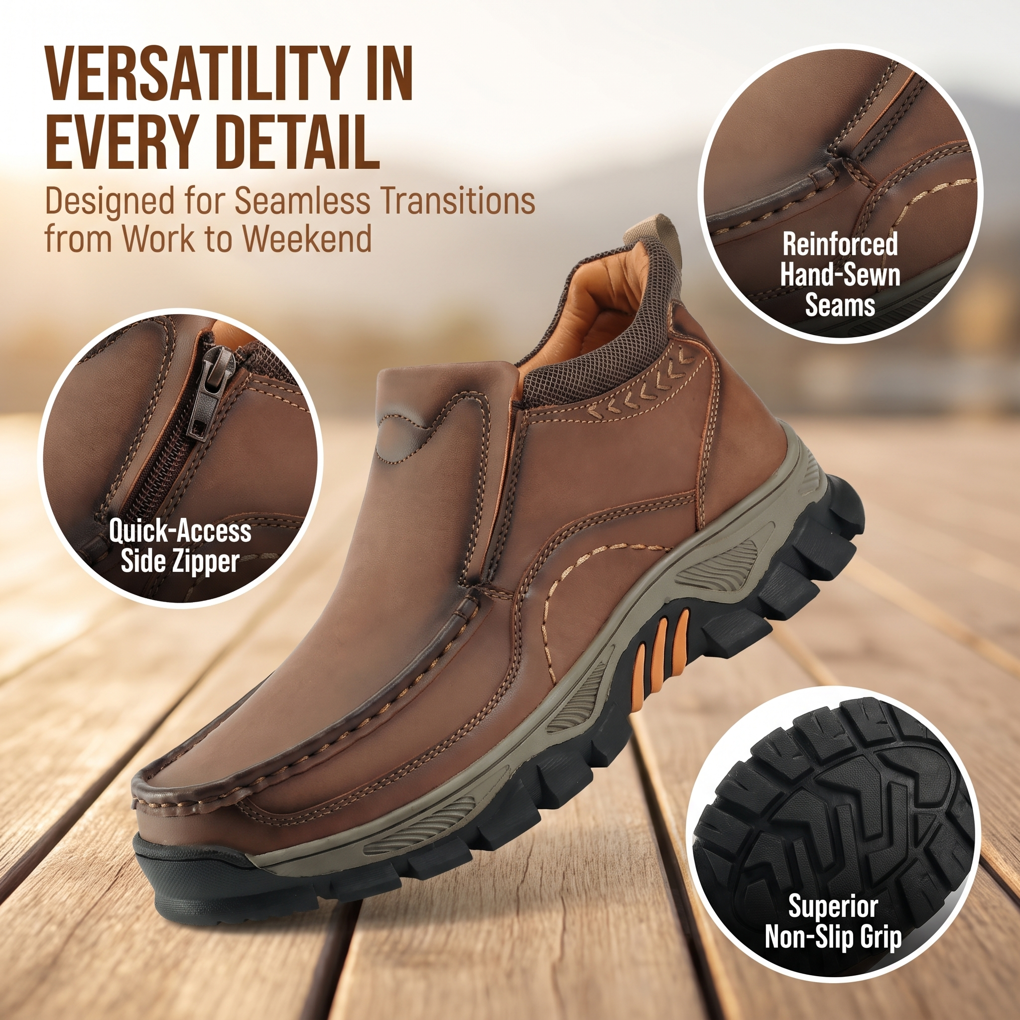 TREADVALE Men's Hand‑Stitched Rugged Traction Casual Leather Boot