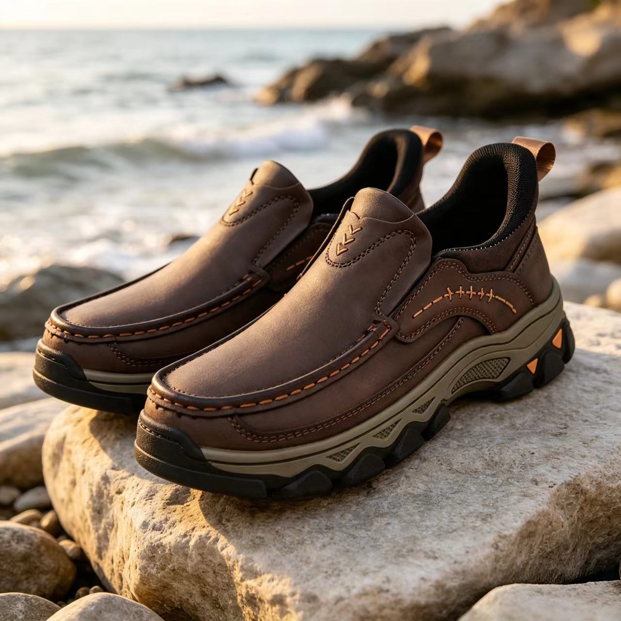 TREADVALE® Men’s Vintage Leather Casual Loafers Non-Slip Rugged Light Hiking Work Shoes