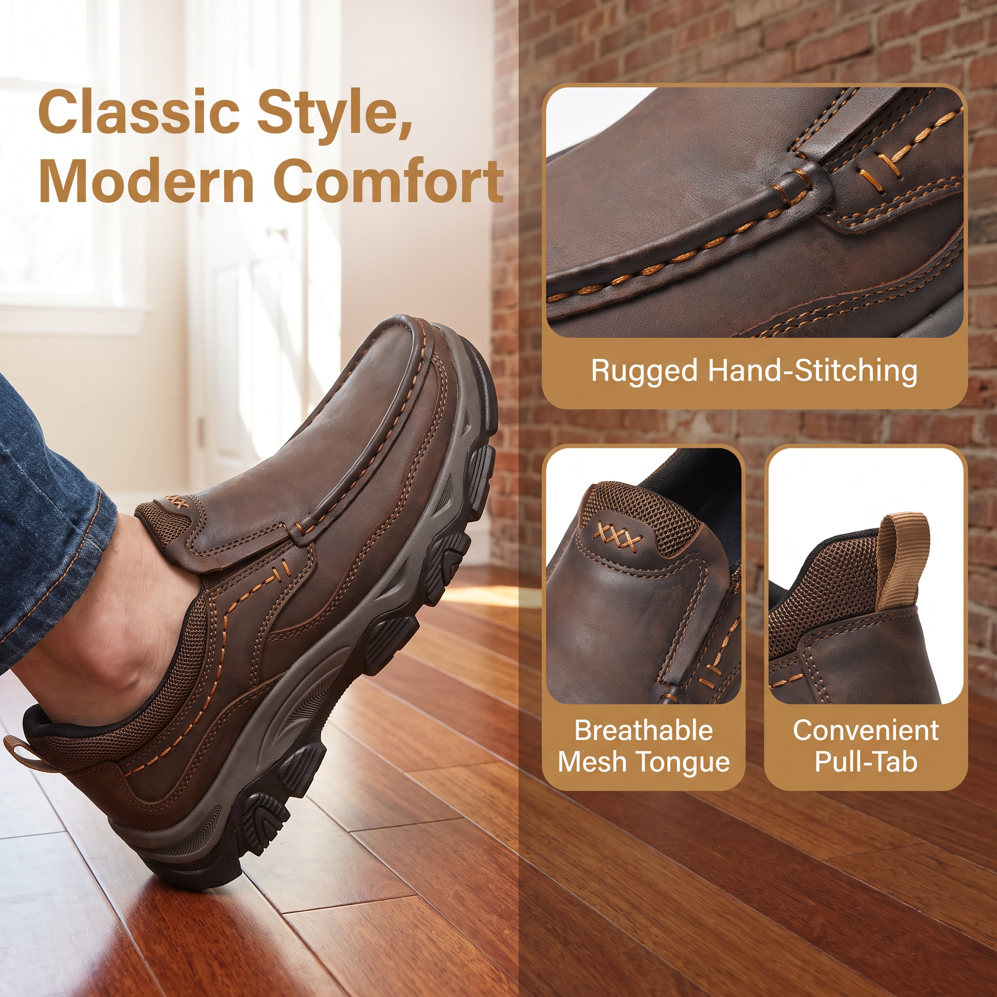 TREADVALE® Men’s Handmade Cowhide Slip-On Walking Shoes