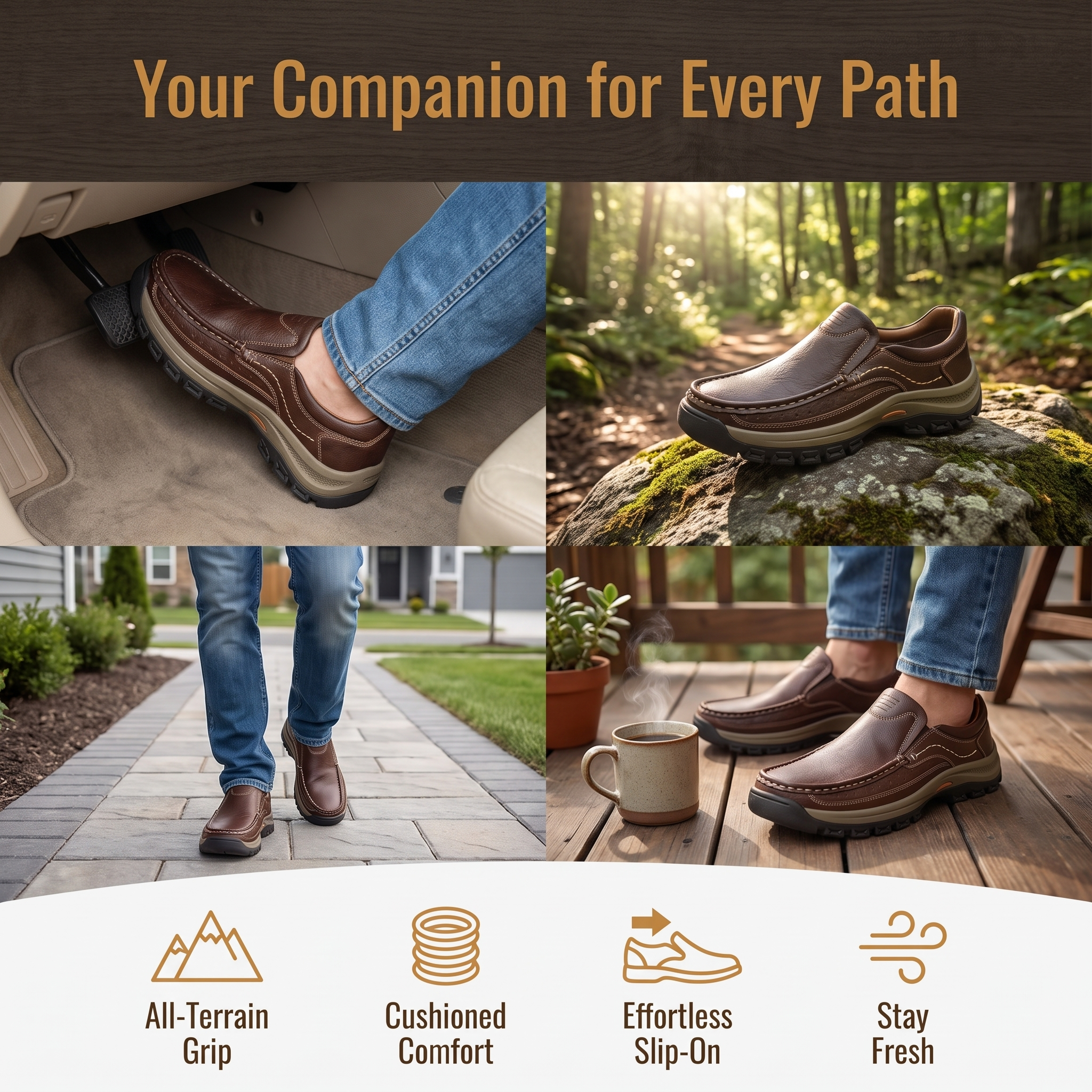 TREADVALE®Men's Genuine Leather Wide Toe Slip‑On Outdoor Casual Shoes