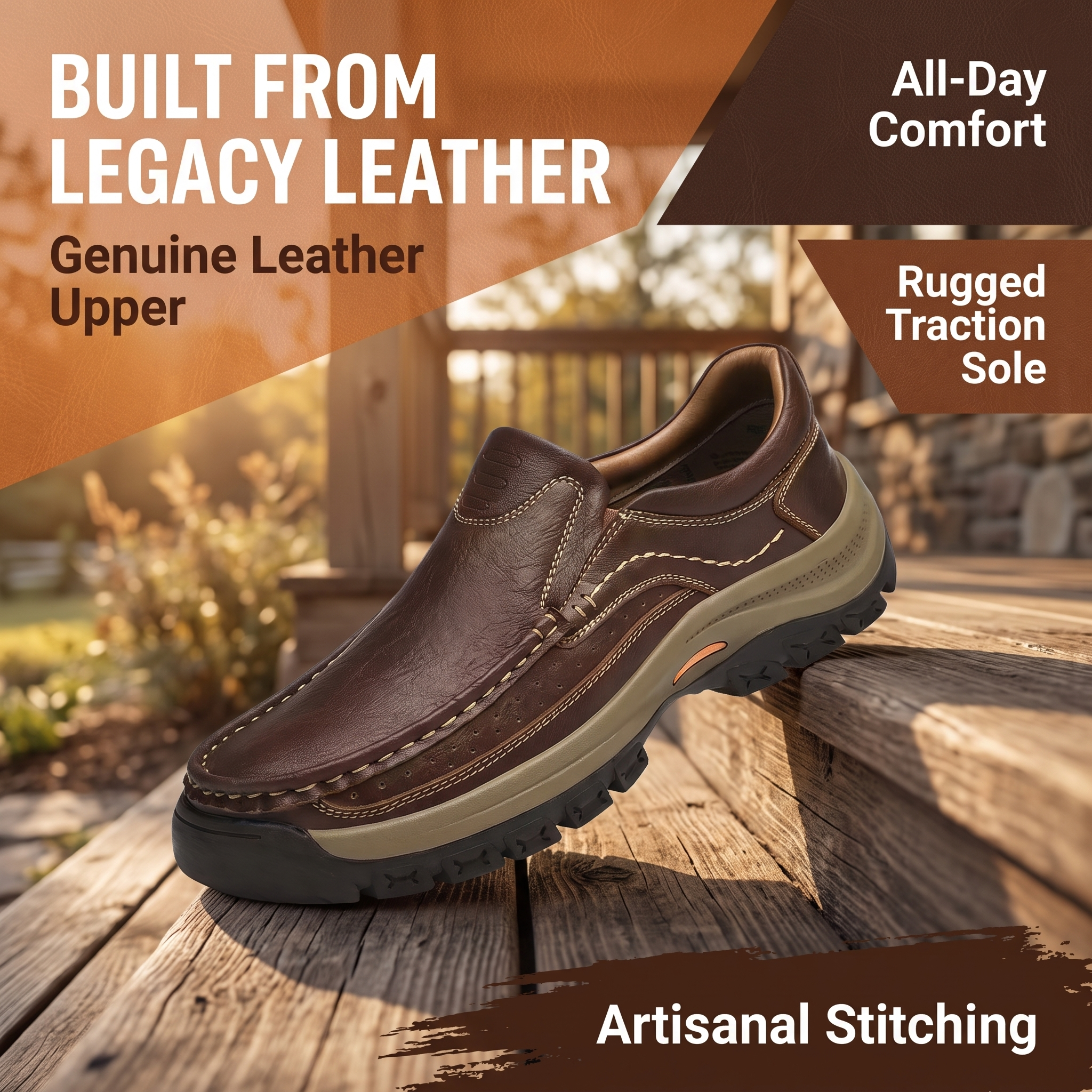 TREADVALE®Men's Genuine Leather Wide Toe Slip‑On Outdoor Casual Shoes