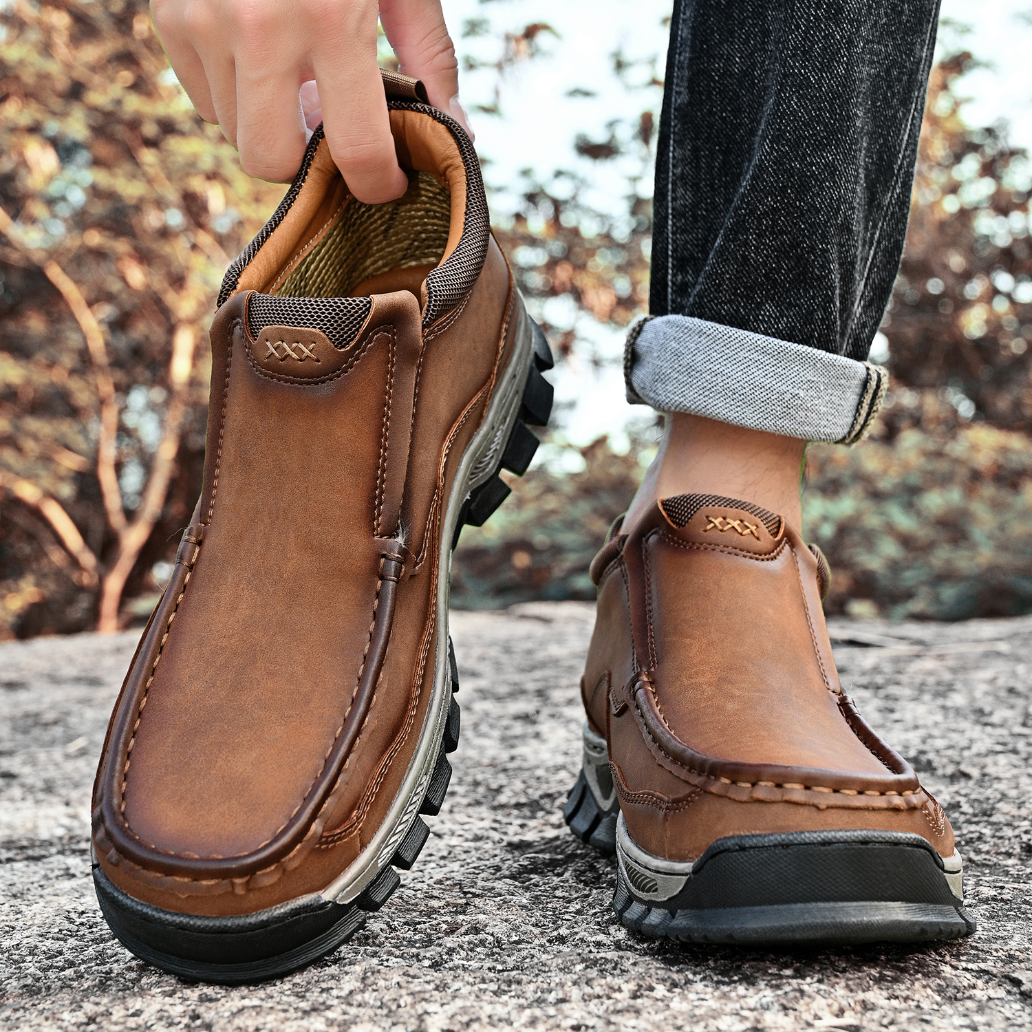 TREADVALE® Men's Genuine Leather Outdoor Loafers with Arch Support & Wide Toe Box