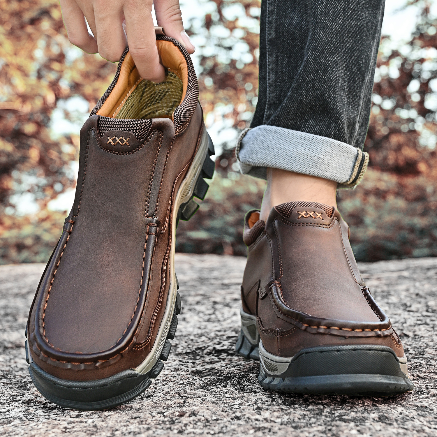 TREADVALE® Men's Genuine Leather Outdoor Loafers with Arch Support & Wide Toe Box