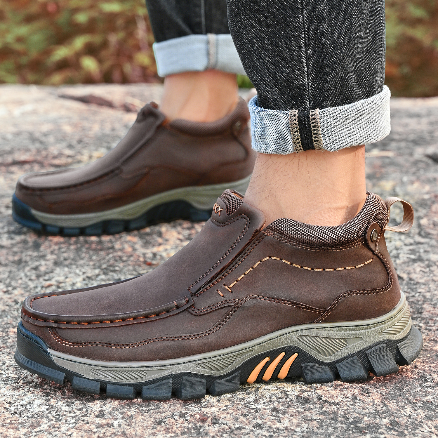 TREADVALE® Men's Genuine Leather Outdoor Loafers with Arch Support & Wide Toe Box