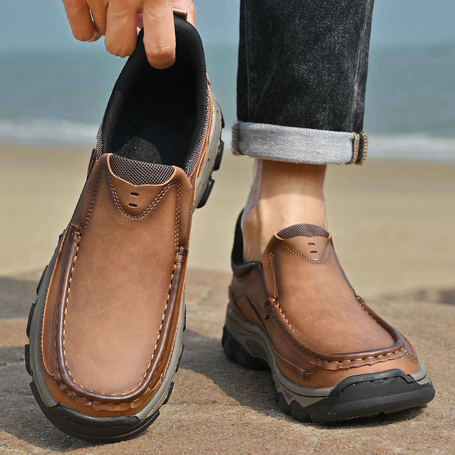 TREADVALE® Men’s Handmade Cowhide Slip-On Walking Shoes
