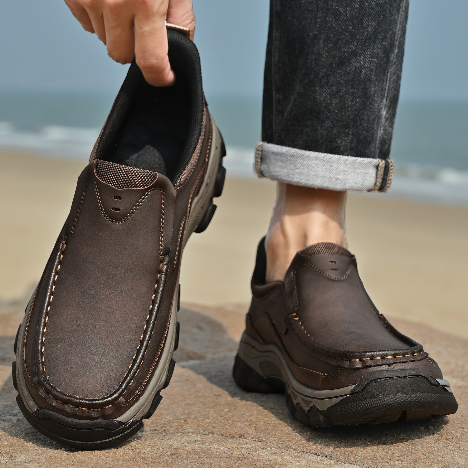 TREADVALE® Men’s Handmade Cowhide Slip-On Walking Shoes