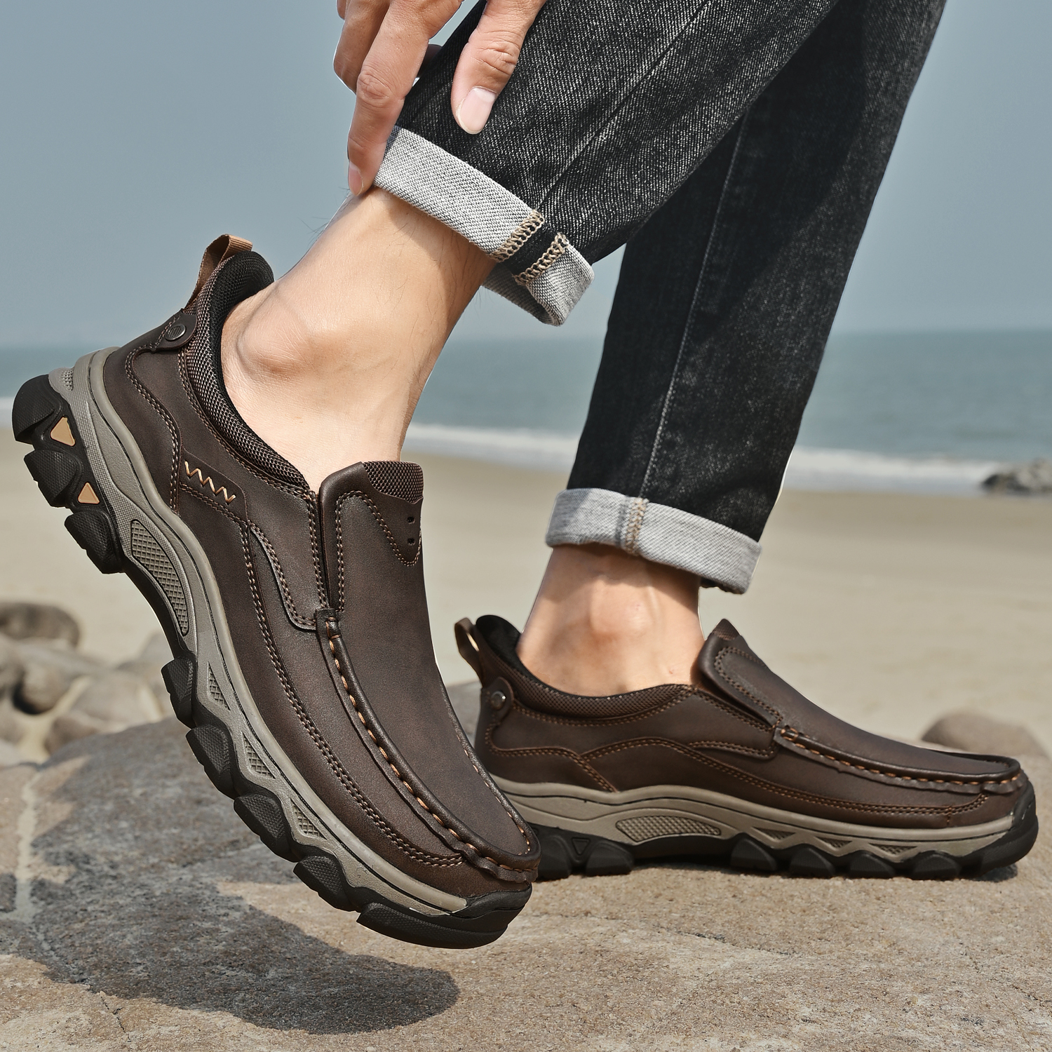 TREADVALE® Men’s Handmade Cowhide Slip-On Walking Shoes