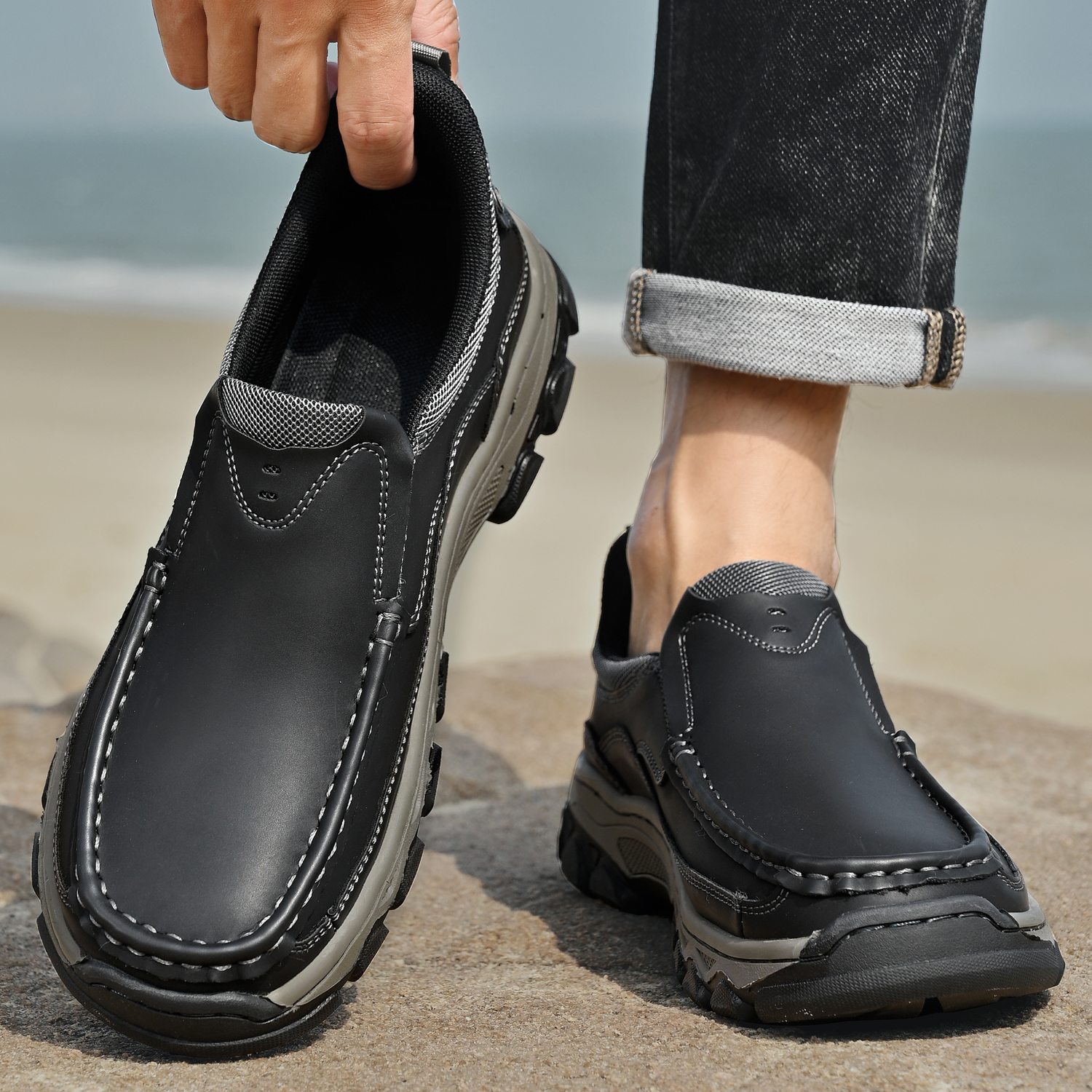 TREADVALE® Men’s Handmade Cowhide Slip-On Walking Shoes