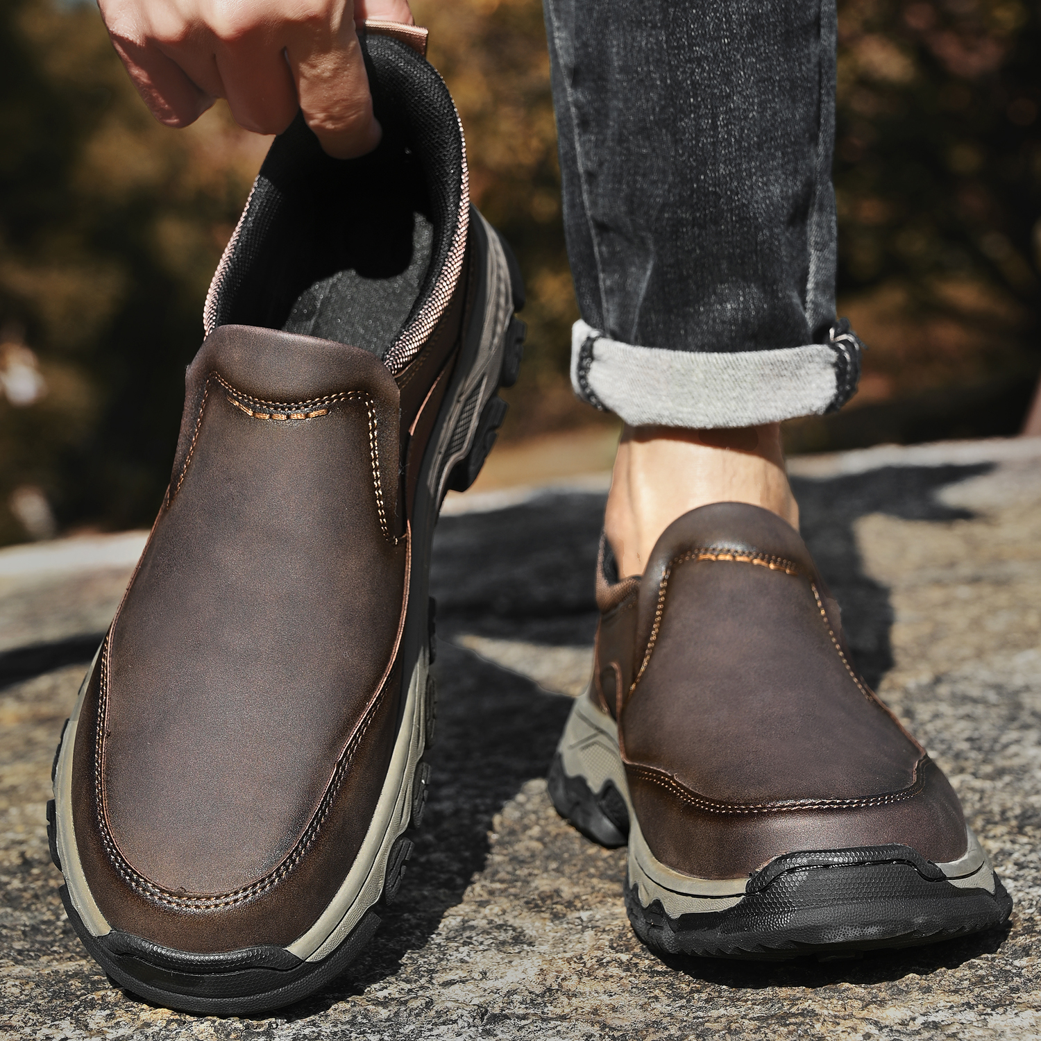 TREADVALE® Men's Genuine Leather Outdoor Loafers with Arch Support & Wide Toe Box