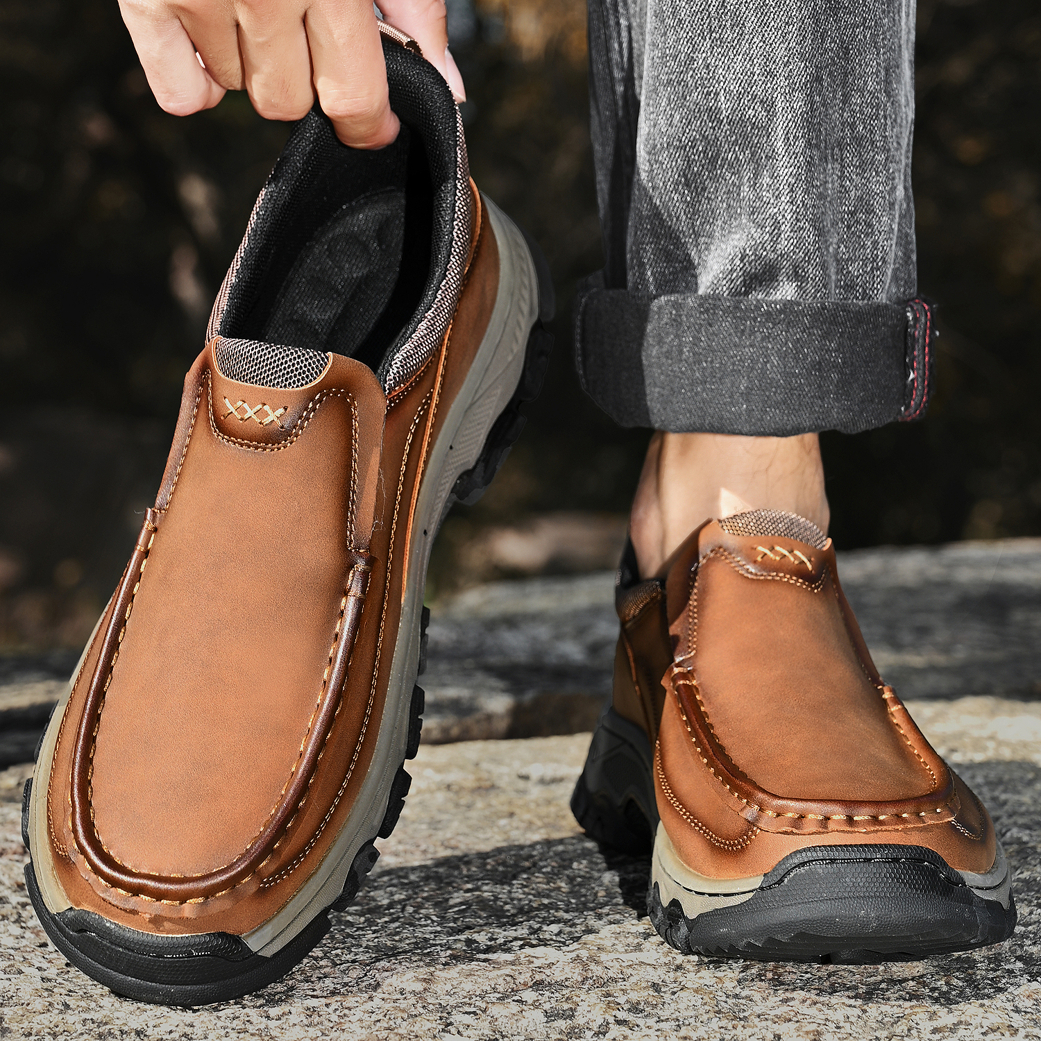 TREADVALE® Men's Genuine Leather Outdoor Loafers with Arch Support & Wide Toe Box