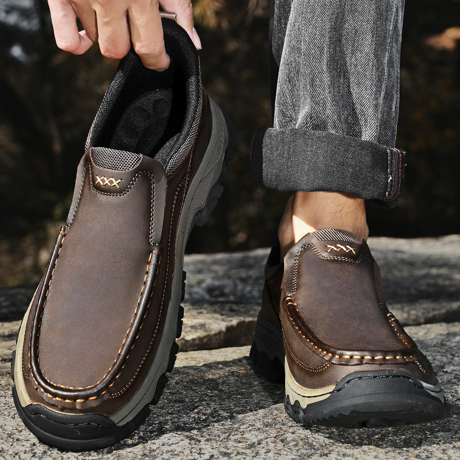 TREADVALE® Men's Genuine Leather Outdoor Loafers with Arch Support & Wide Toe Box