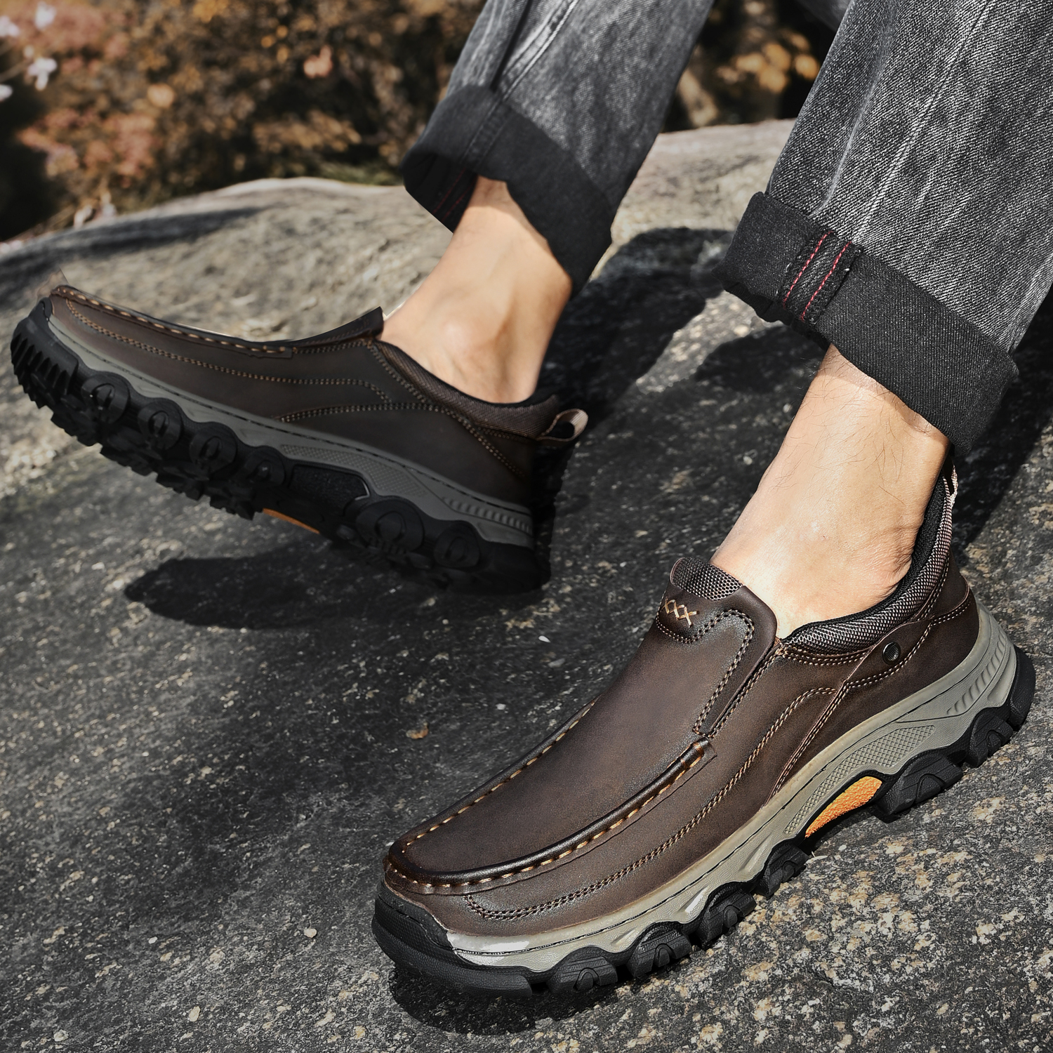 TREADVALE® Men's Genuine Leather Outdoor Loafers with Arch Support & Wide Toe Box