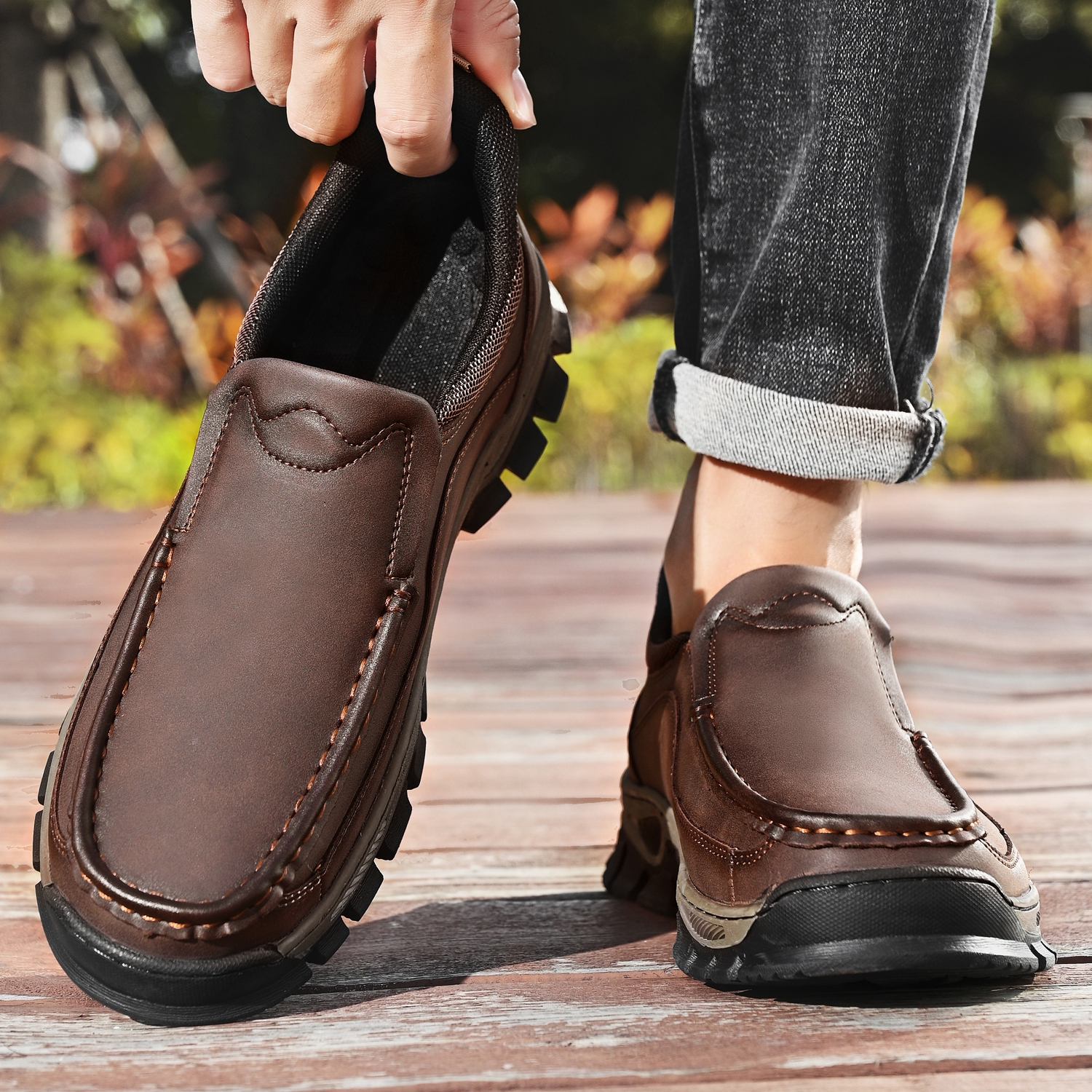 TREADVALE® Men's Genuine Leather Outdoor Loafers with Arch Support & Wide Toe Box