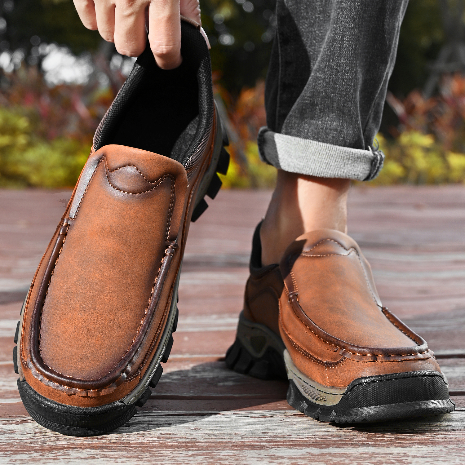 TREADVALE® Men's Genuine Leather Outdoor Loafers with Arch Support & Wide Toe Box