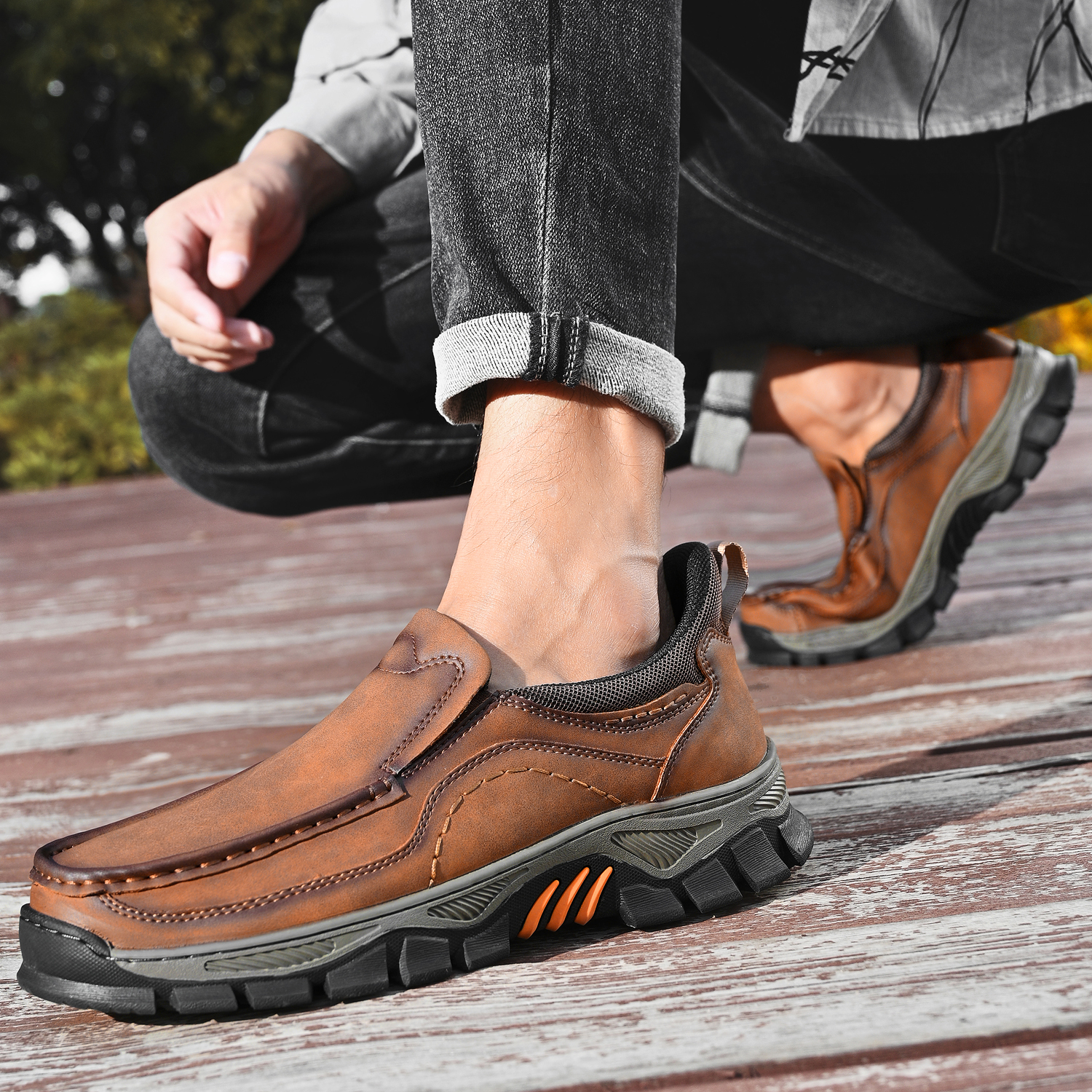 TREADVALE® Men's Genuine Leather Outdoor Loafers with Arch Support & Wide Toe Box