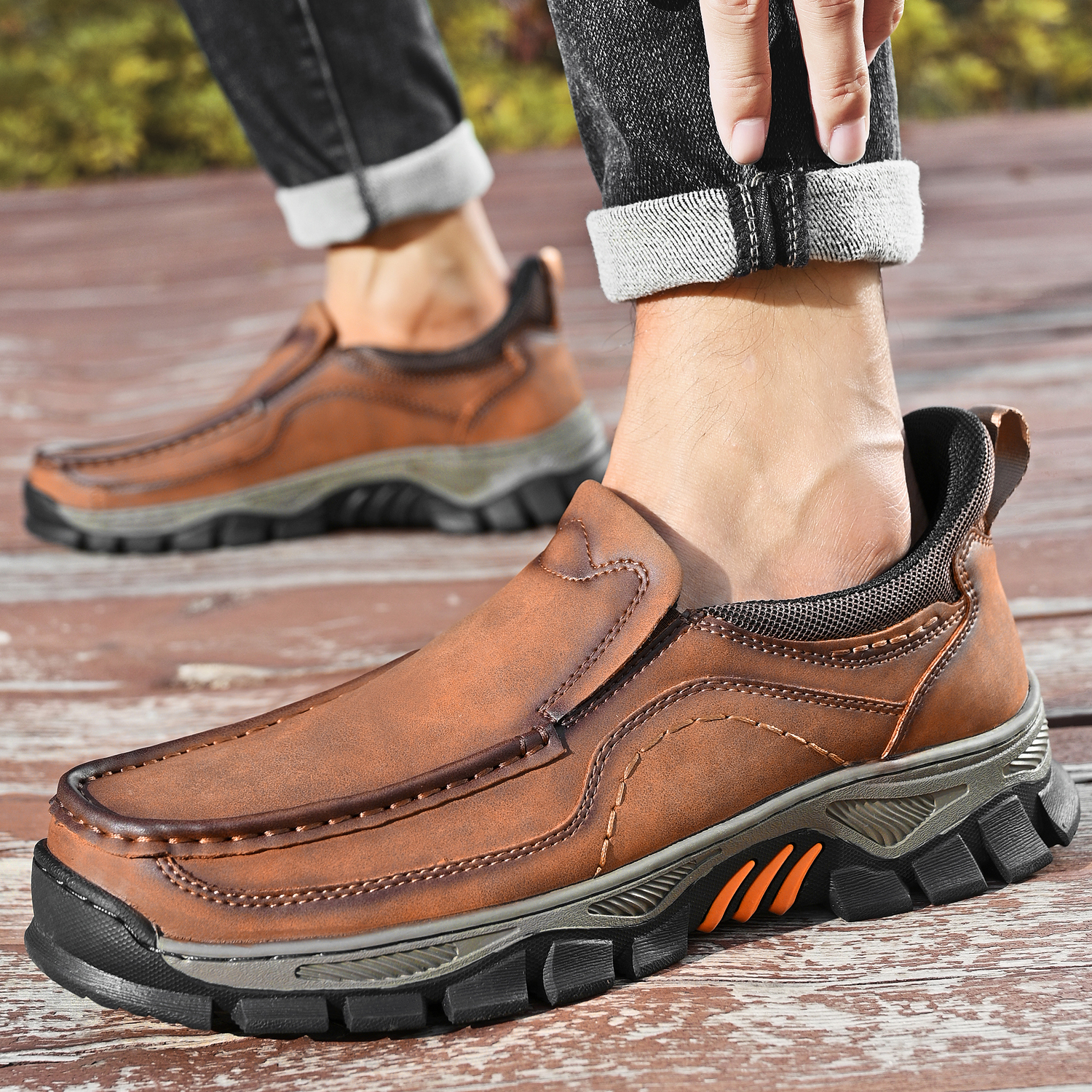 TREADVALE® Men's Genuine Leather Outdoor Loafers with Arch Support & Wide Toe Box