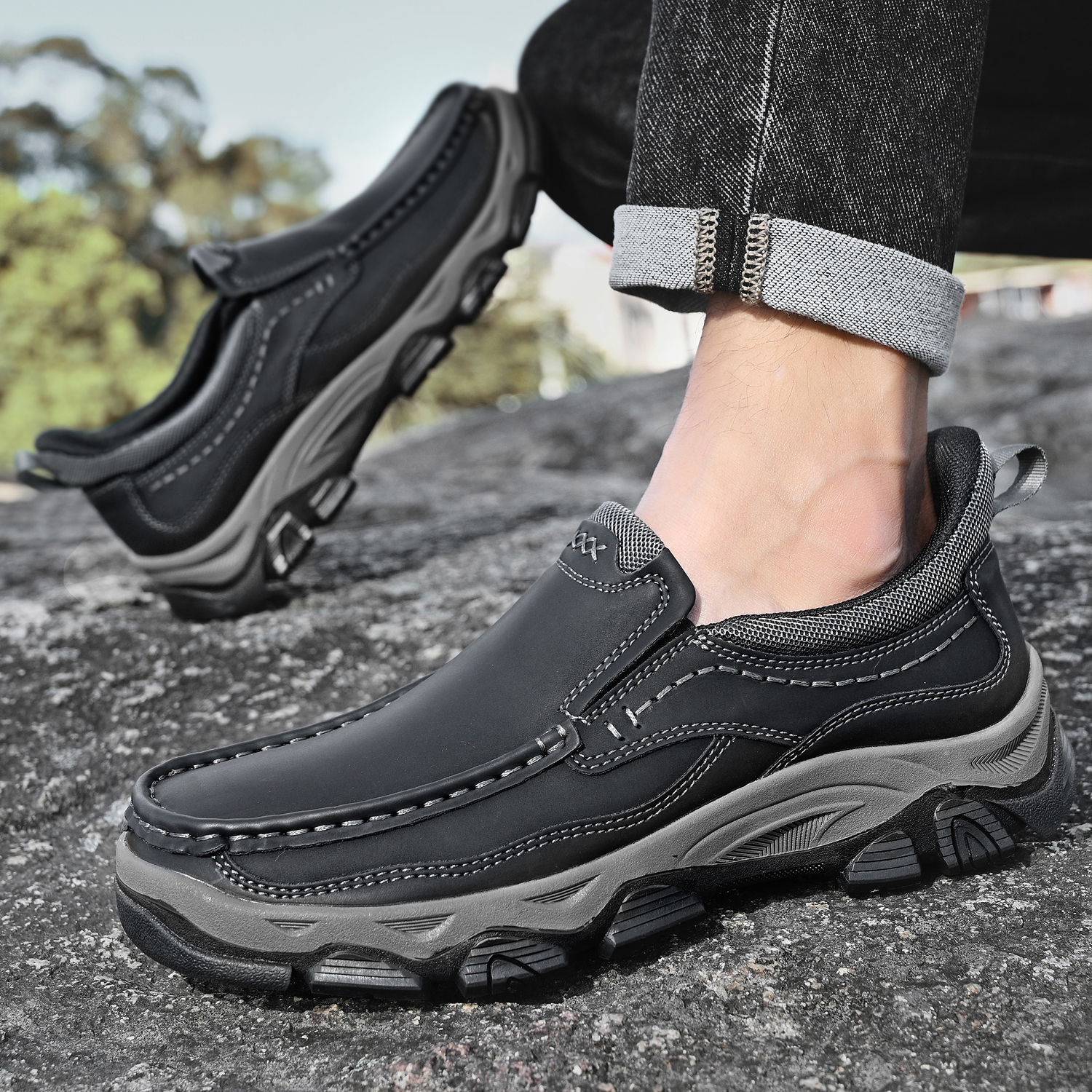 TREADVALE® Men’s Handmade Cowhide Slip-On Walking Shoes