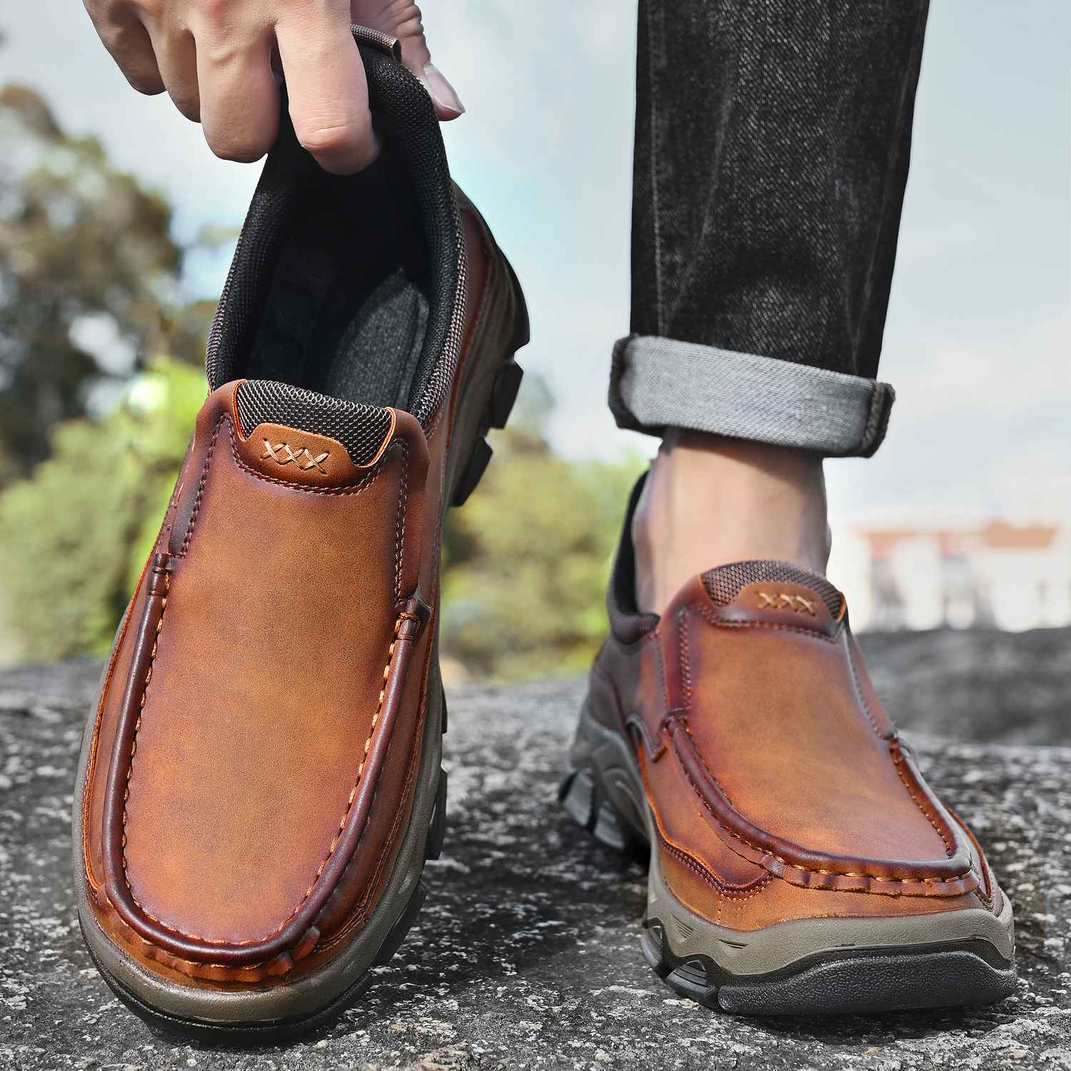 TREADVALE® Men’s Handmade Cowhide Slip-On Walking Shoes