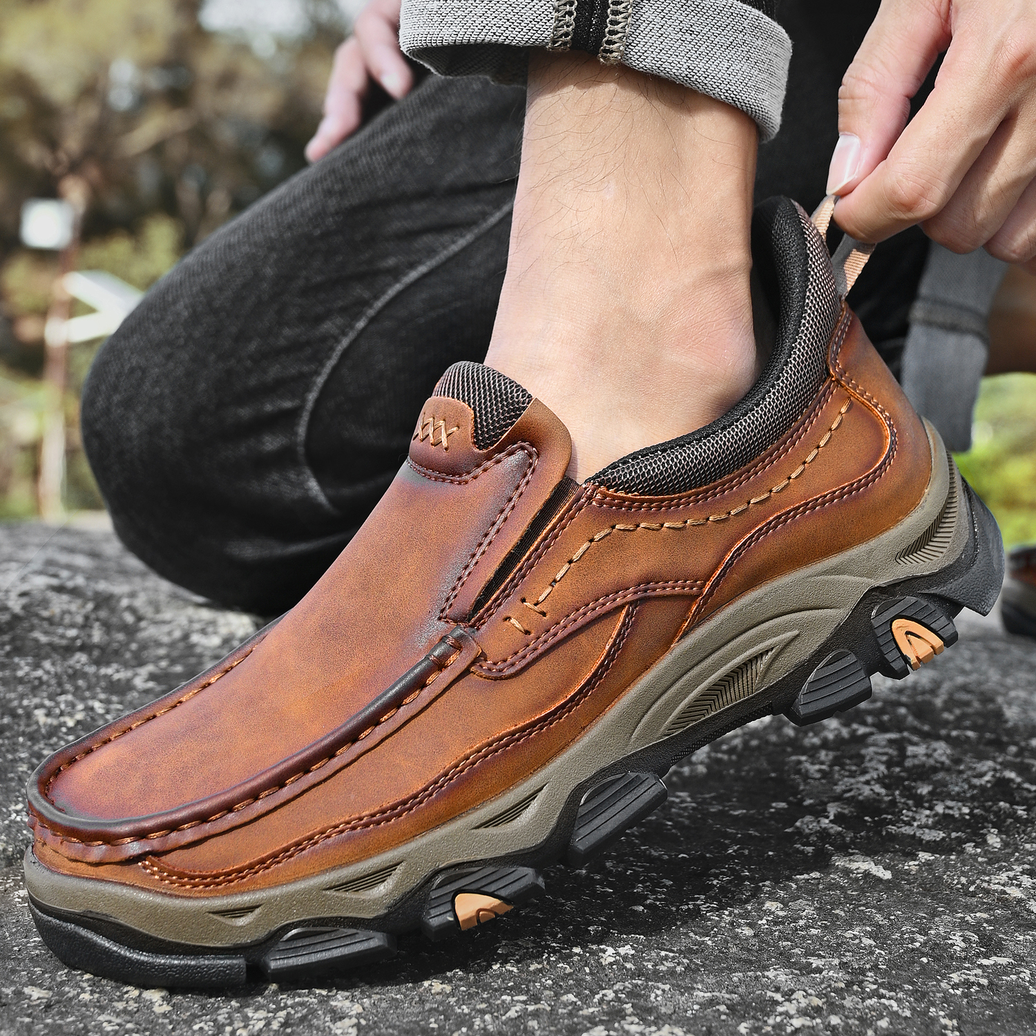 TREADVALE® Men’s Handmade Cowhide Slip-On Walking Shoes