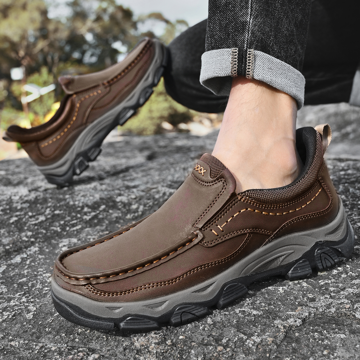TREADVALE® Men’s Handmade Cowhide Slip-On Walking Shoes