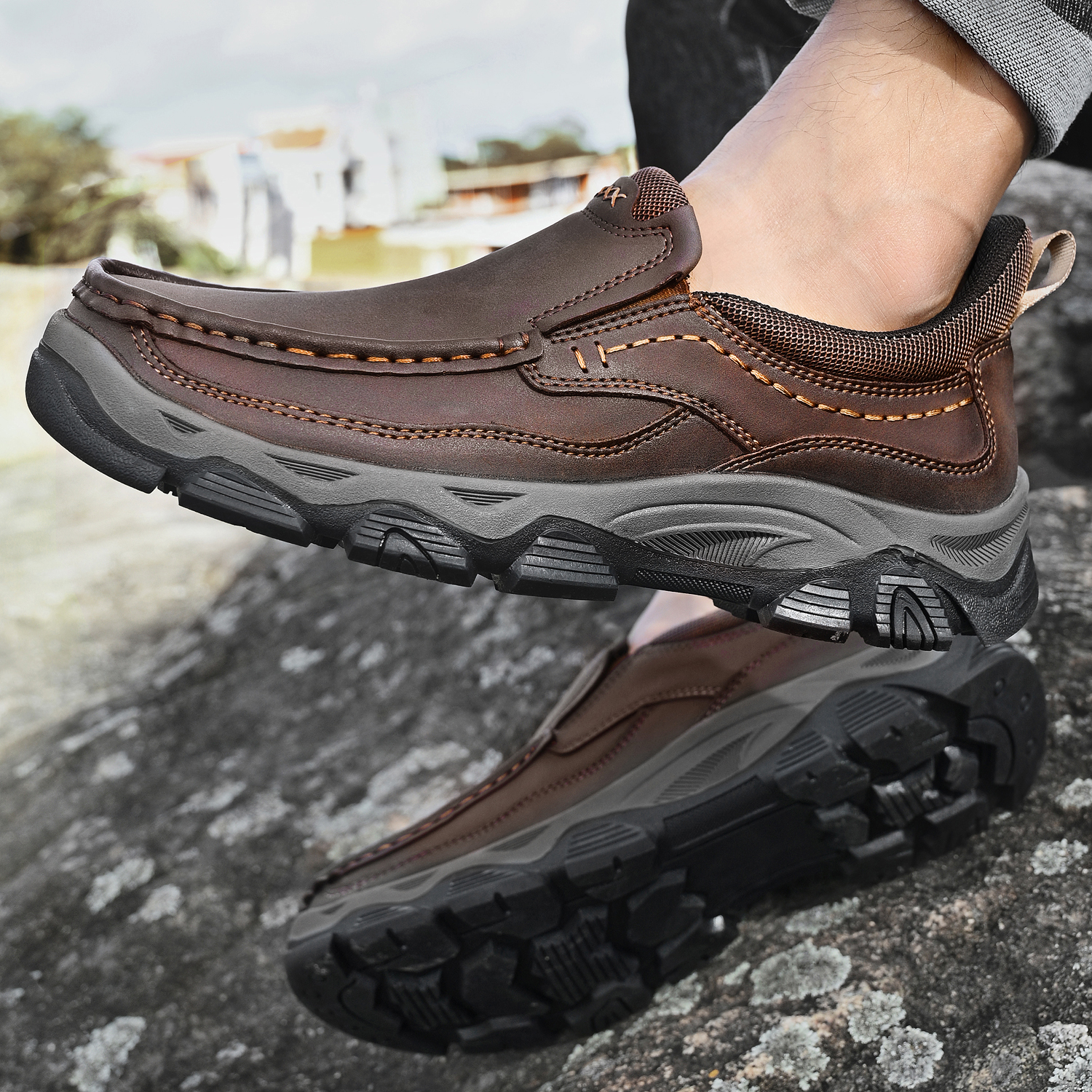 TREADVALE® Men’s Handmade Cowhide Slip-On Walking Shoes