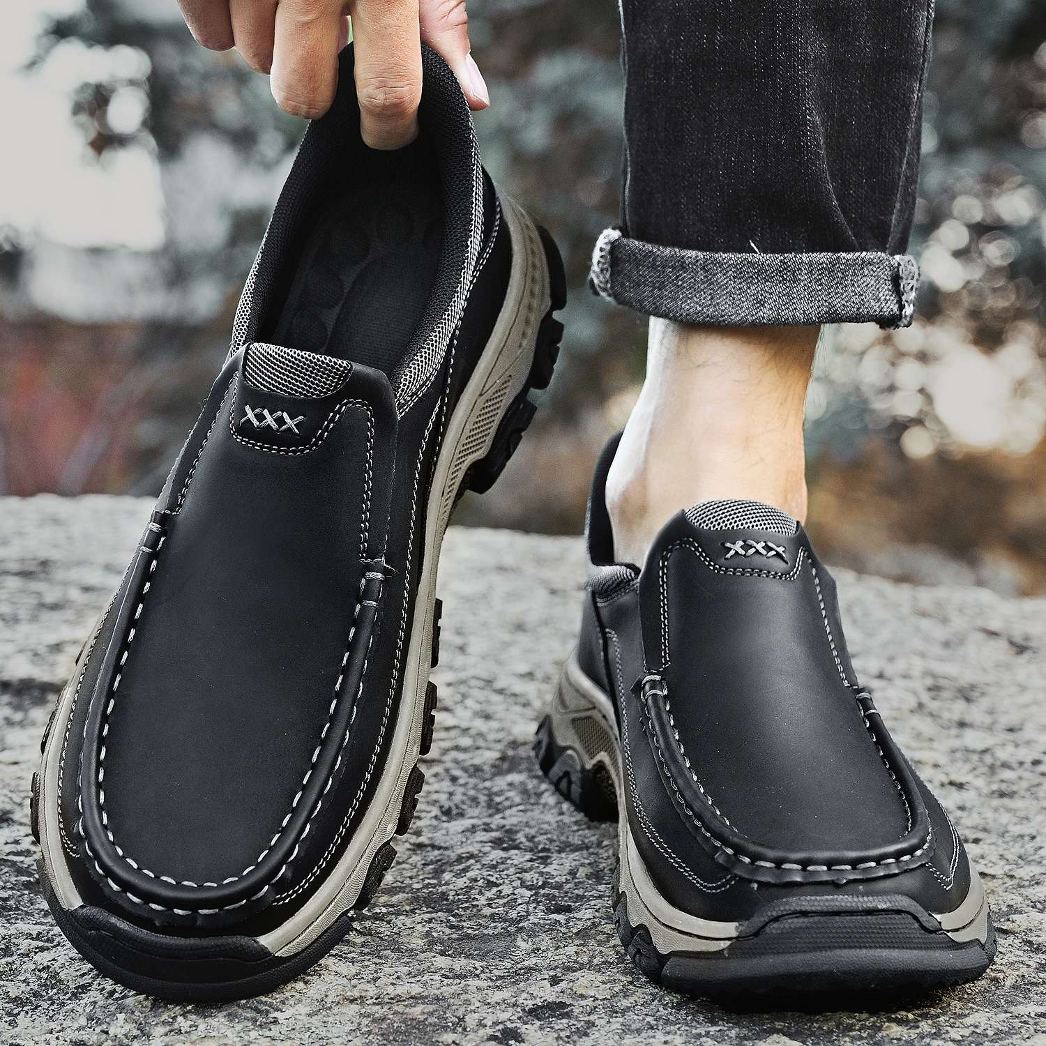 TREADVALE® Men's Genuine Leather Outdoor Loafers with Arch Support & Wide Toe Box