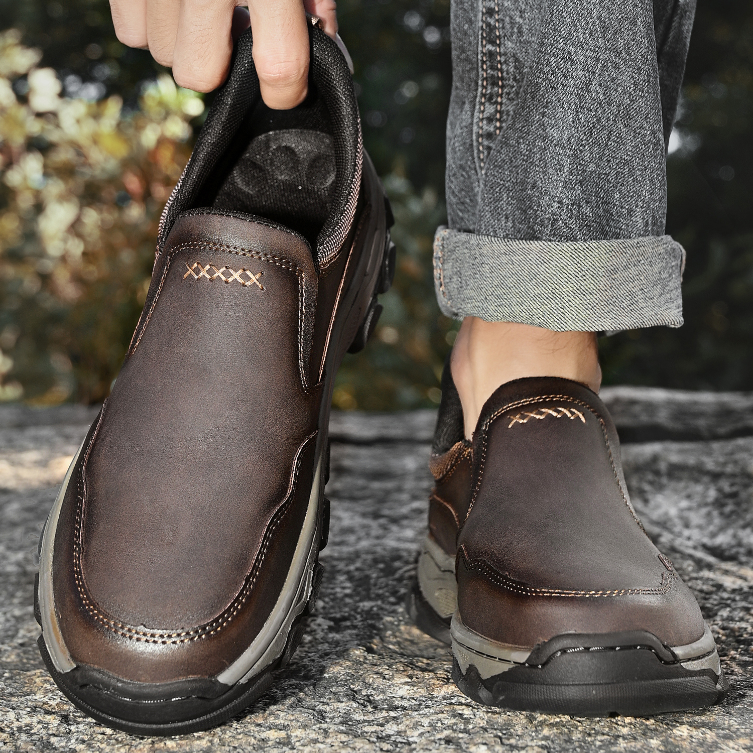 TREADVALE® Men's Genuine Leather Outdoor Loafers with Arch Support & Wide Toe Box