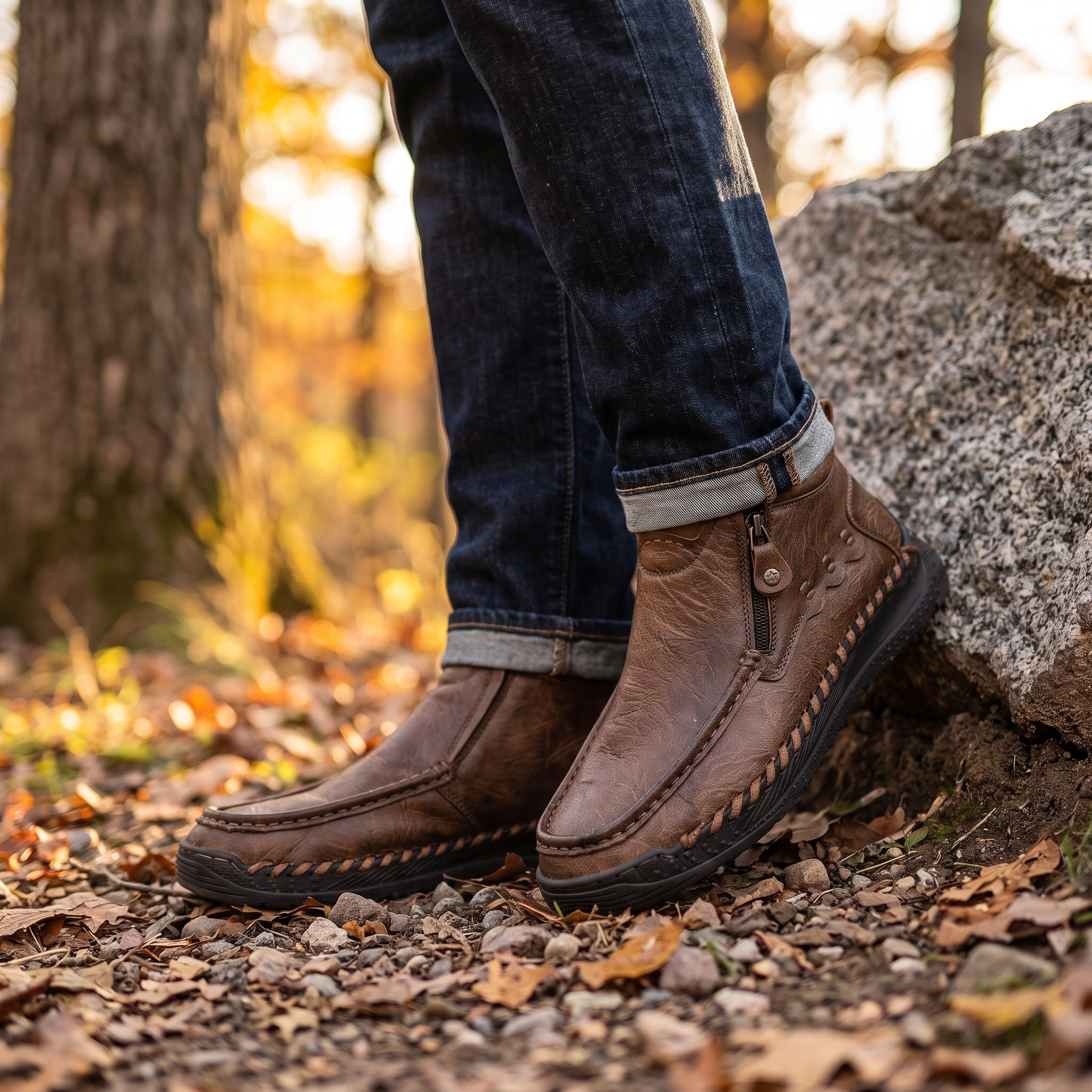 TREADVALE Men's Vintage Side‑Zip Mid‑Top Leather Boots