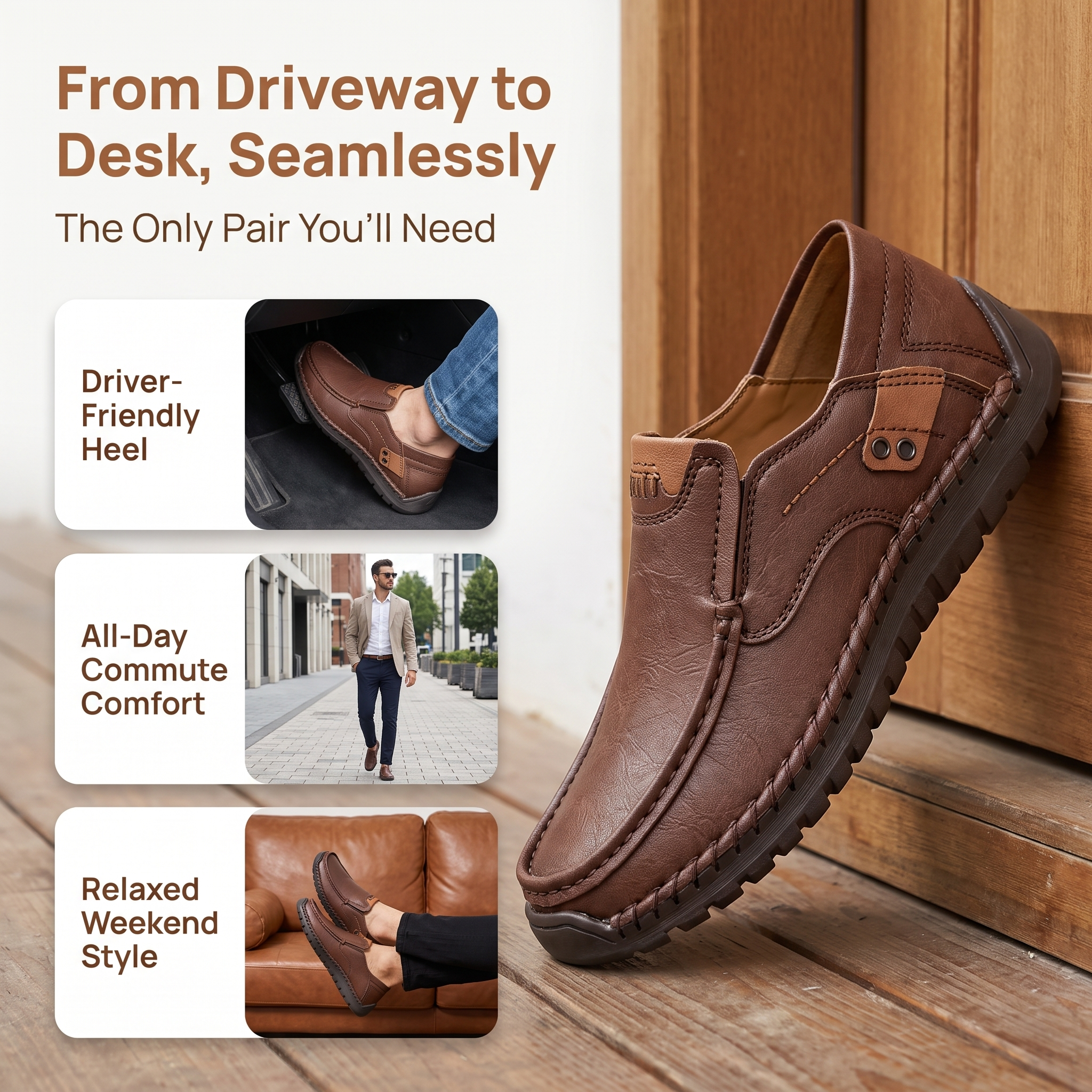 TREADVALE Men’s Hand‑Stitched Slip‑On Vintage Leather Loafers