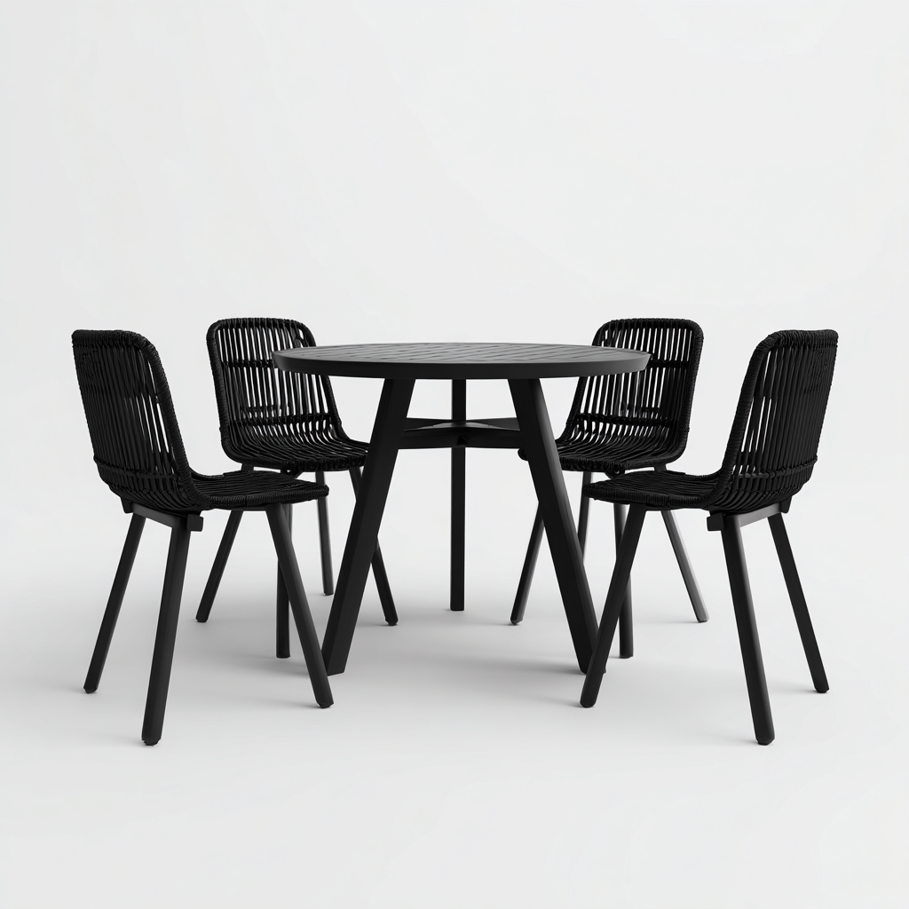 Salon De Jardin Repas Noir En Métal Et Corde Tressée - Table Ronde Et Chaises - Design Contemporain Pour Extérieur-Sovoraiodecor