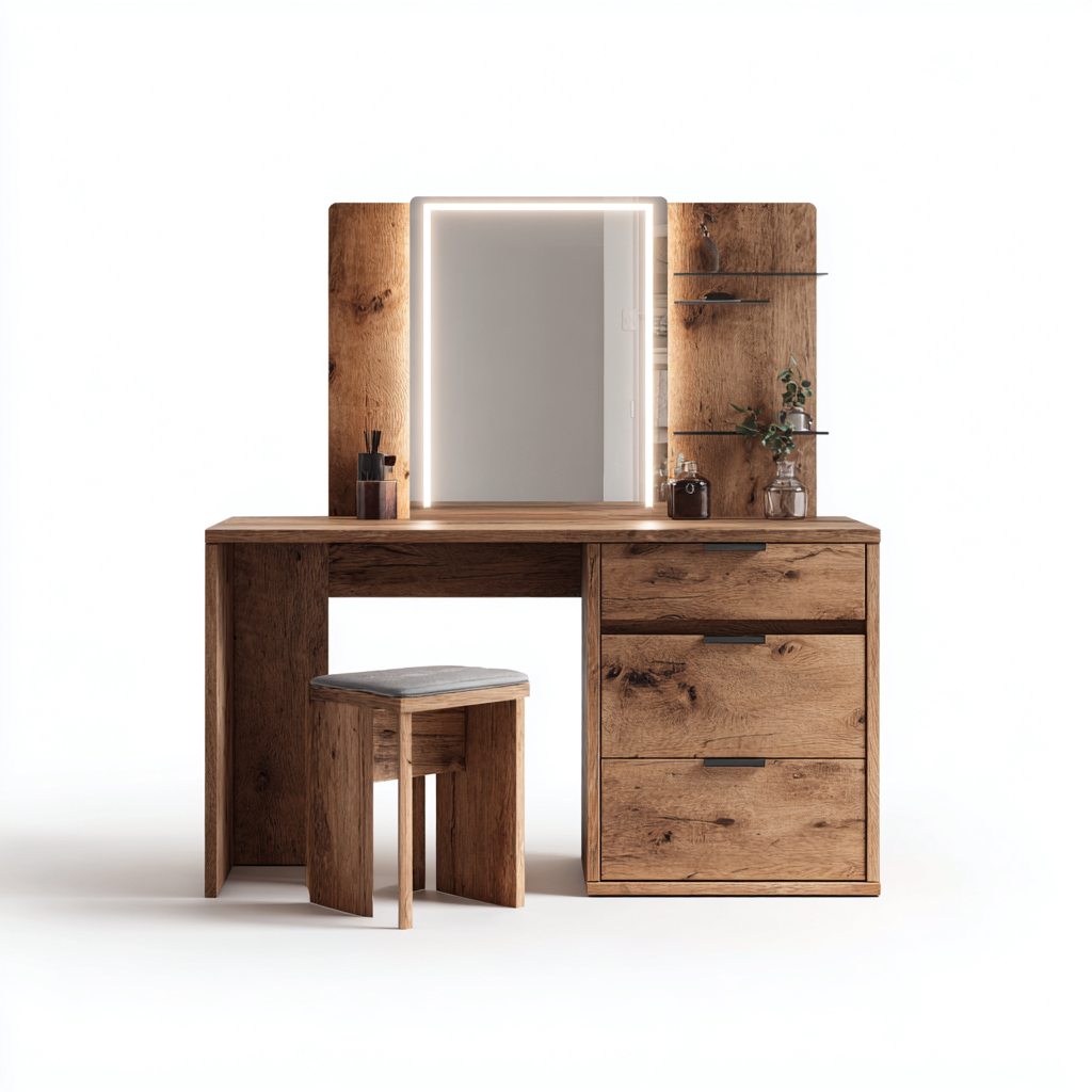 Coiffeuse En Bois Avec Miroir Lumineux 120X45X140 Cm - Bois Naturel - Avec Tiroirs - Design Moderne-Sovoraiodecor