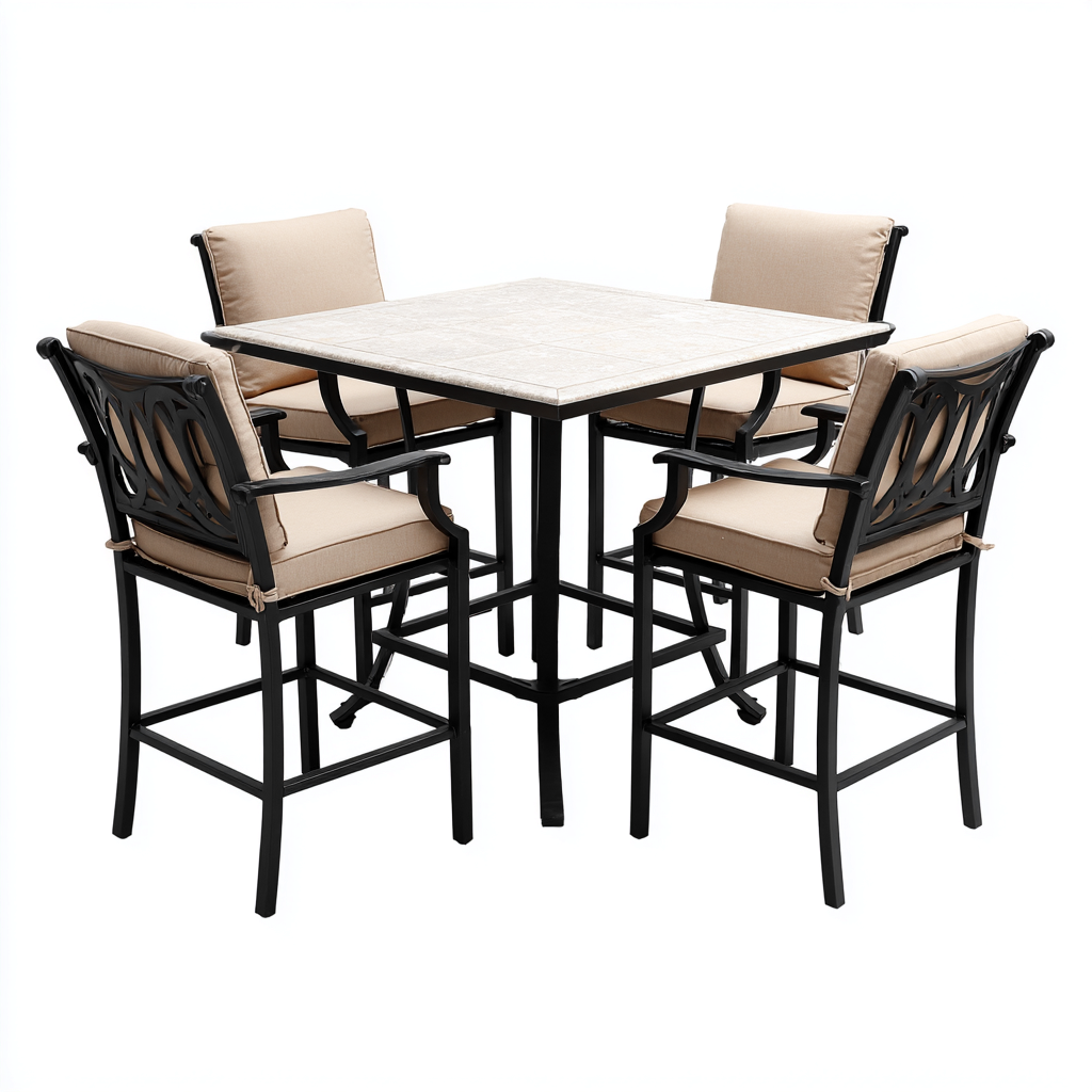 Salon De Jardin Repas En Métal 5 Pièces Table Carrée Et Fauteuils 110X110X105 Cm - Noir-Beige - Ensemble Repas Extérieur-Sovoraiodecor